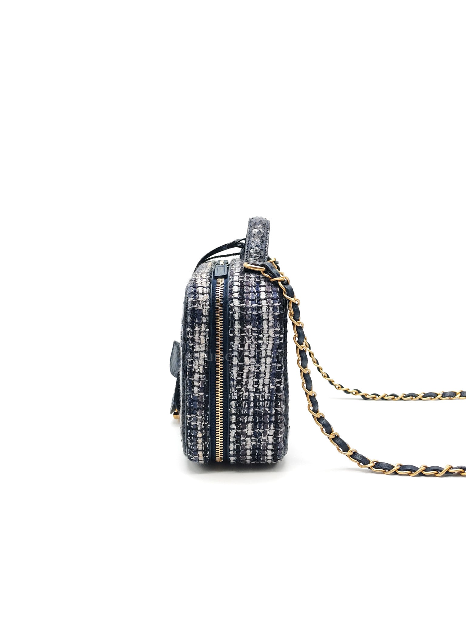 Vanity Case Filigree Medium in Navy Tweed Python Aged Gold Hardware (Series 25) | Purse Maison Luxury Bags Shop