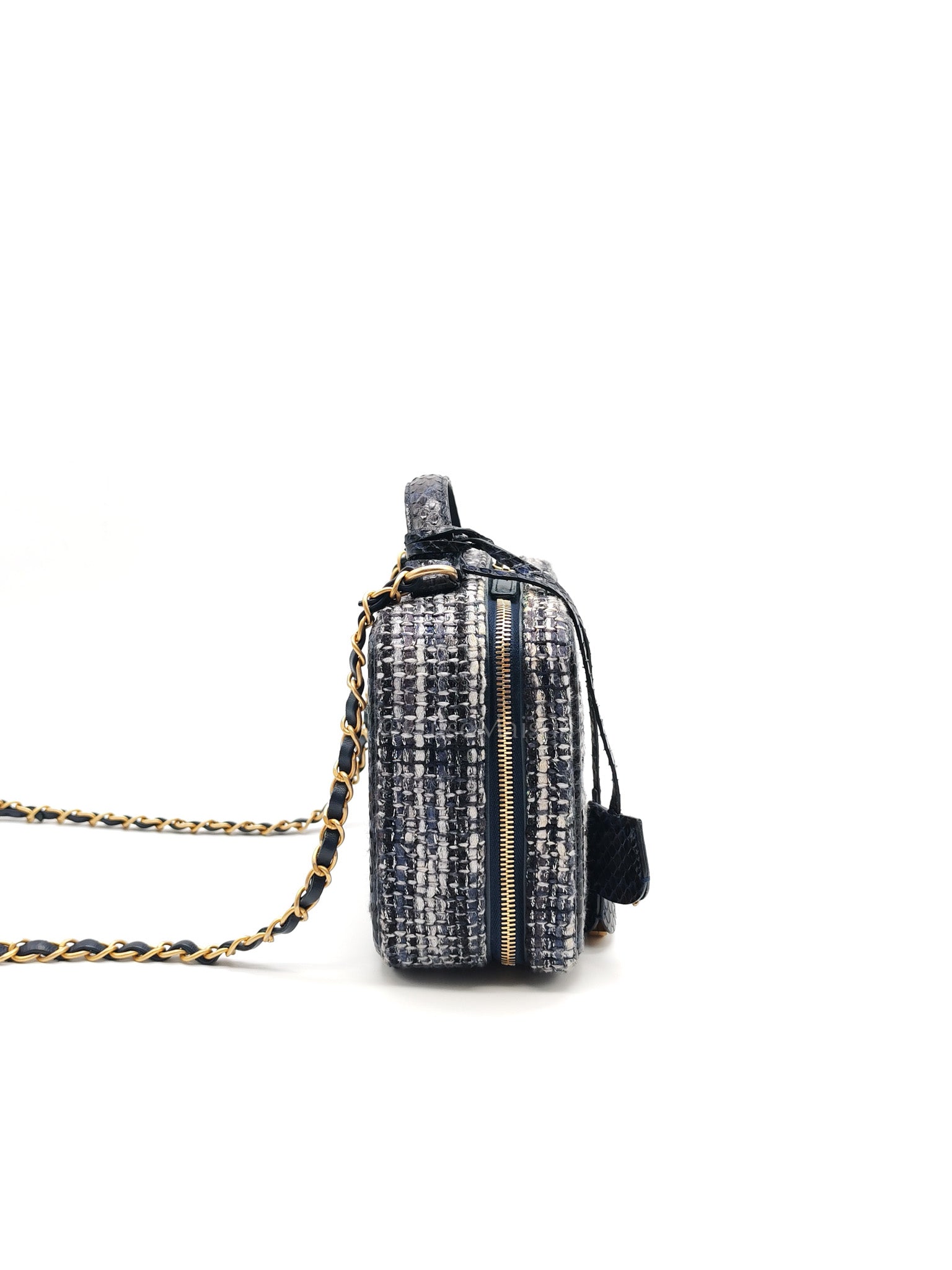 Vanity Case Filigree Medium in Navy Tweed Python Aged Gold Hardware (Series 25) | Purse Maison Luxury Bags Shop