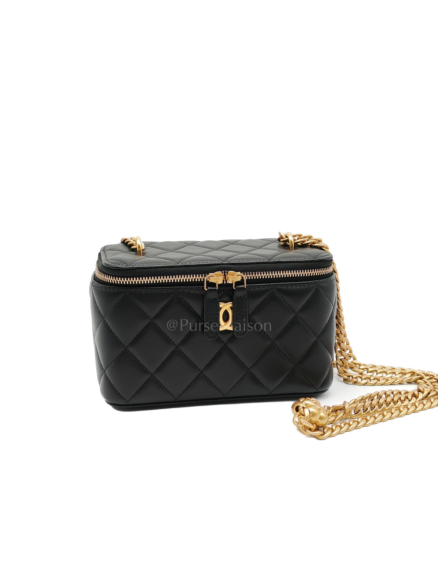 Vanity Case in Black Quilted Lambskin Leather and Aged Gold Hardware (Microchip) | Purse Maison Luxury Bags Shop