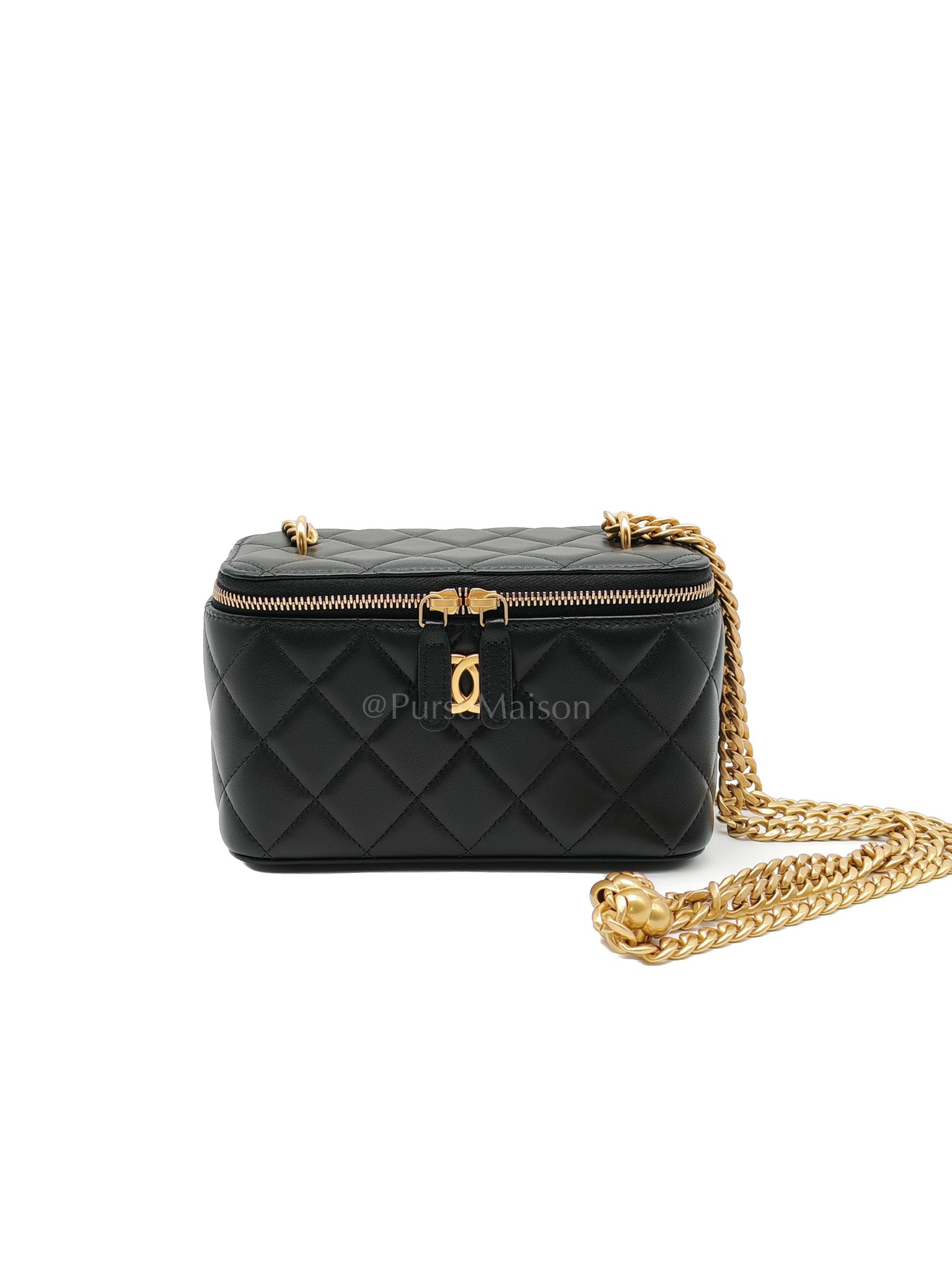 Vanity Case in Black Quilted Lambskin Leather and Aged Gold Hardware (Microchip) | Purse Maison Luxury Bags Shop