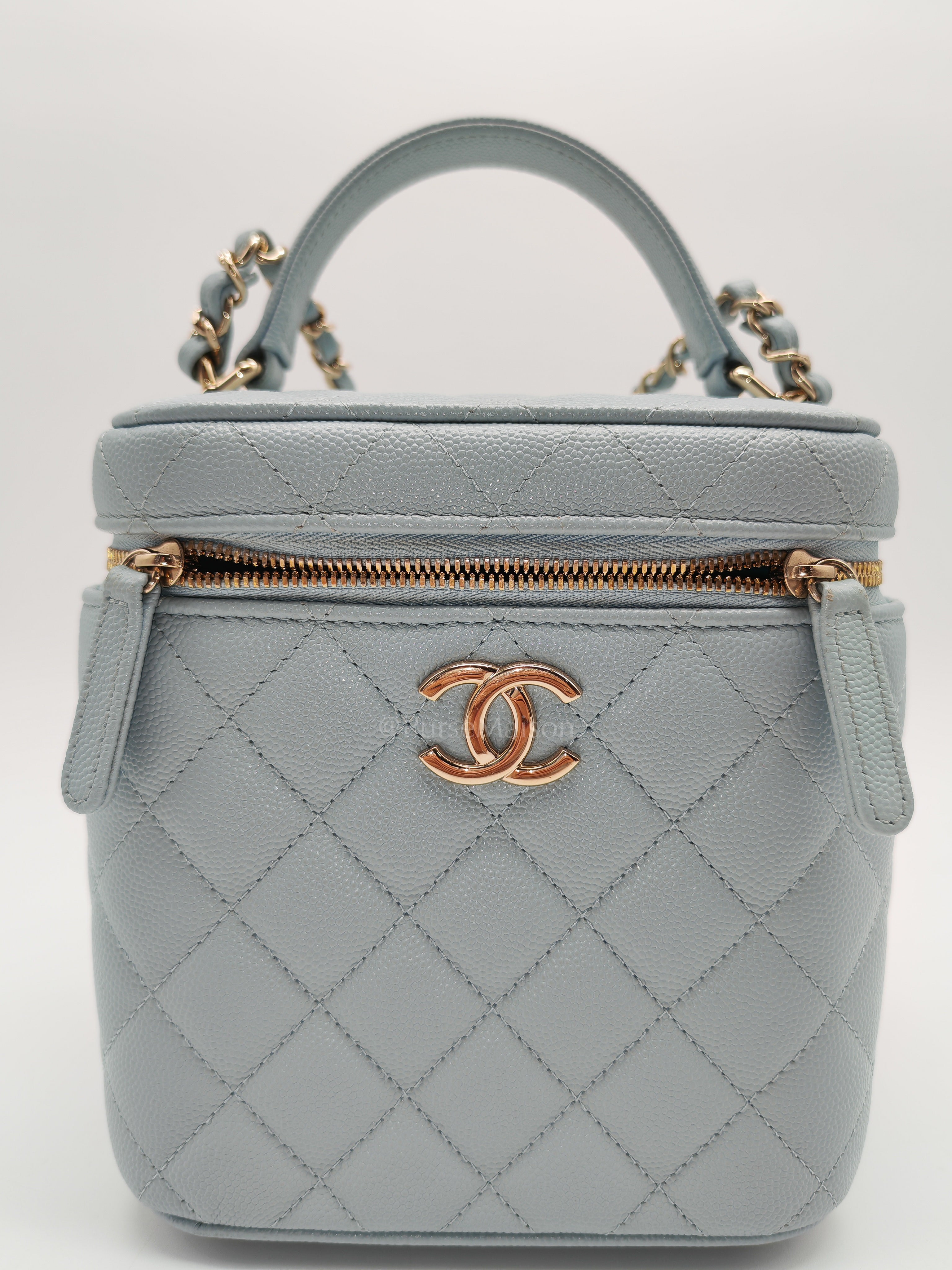 Vanity Case Small in Light Blue Quilted Caviar Leather & Light Gold Hardware Microchip | Purse Maison Luxury Bags Shop