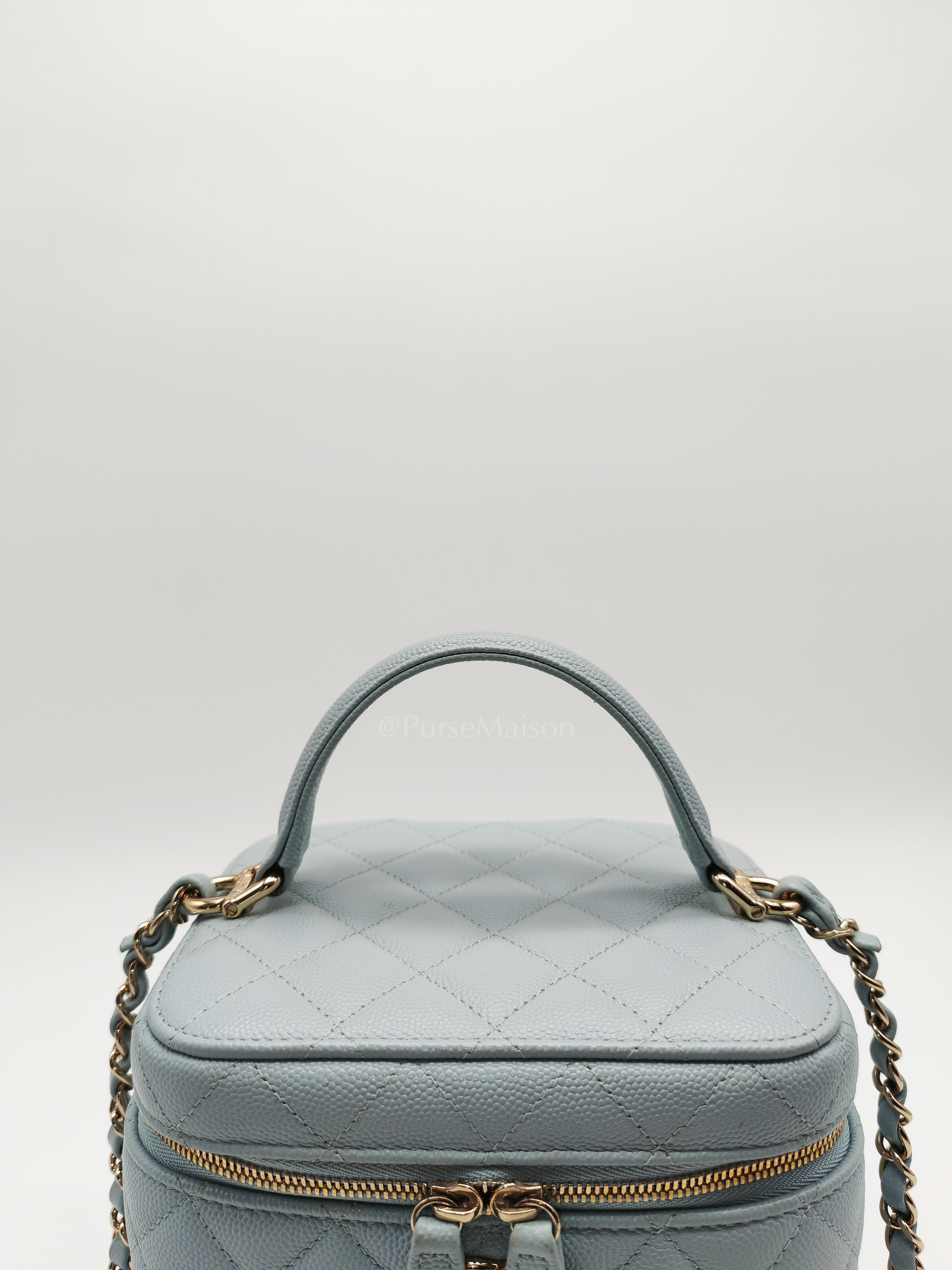Vanity Case Small in Light Blue Quilted Caviar Leather & Light Gold Hardware Microchip | Purse Maison Luxury Bags Shop