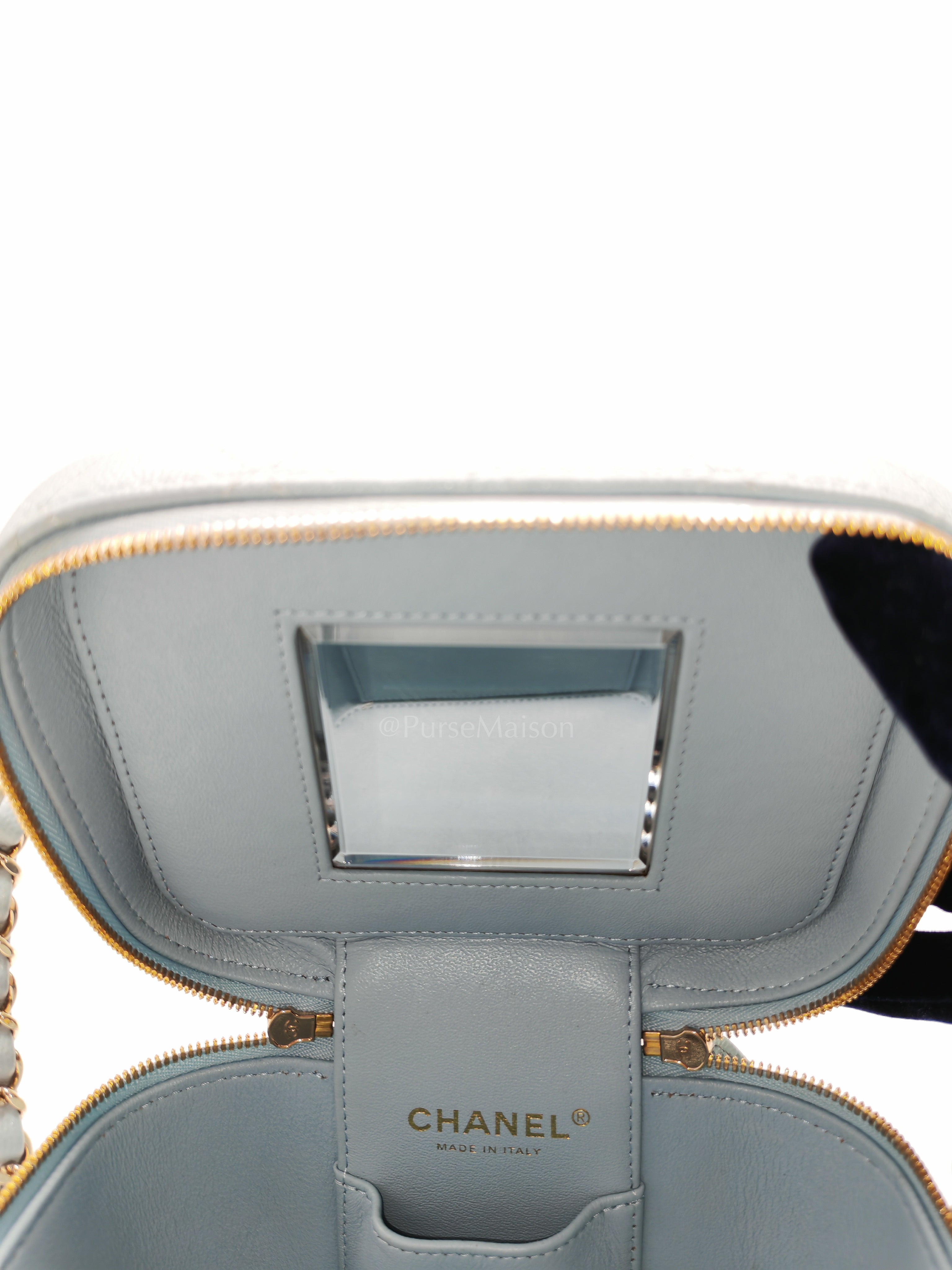 Vanity Case Small in Light Blue Quilted Caviar Leather & Light Gold Hardware Microchip | Purse Maison Luxury Bags Shop
