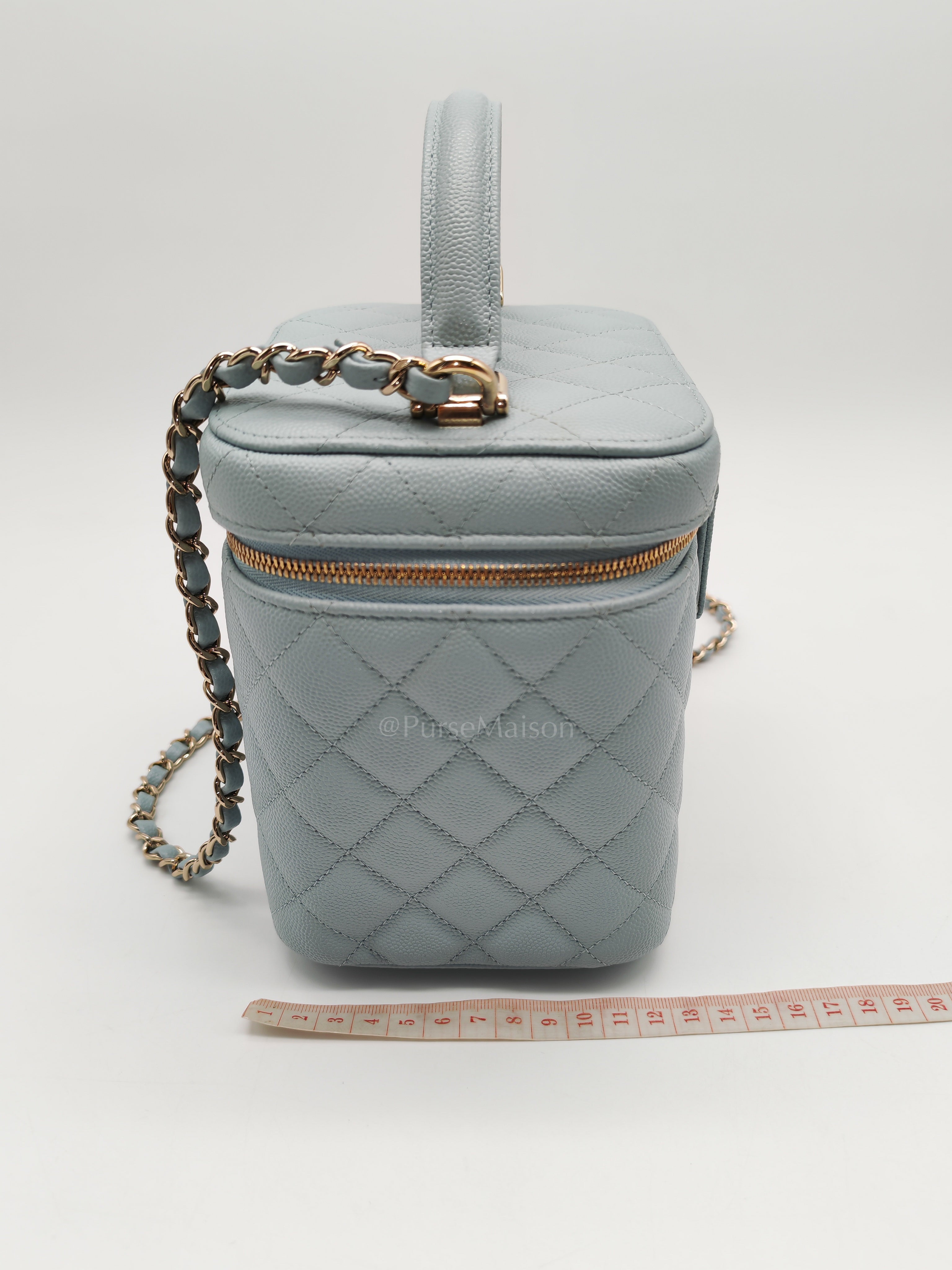 Vanity Case Small in Light Blue Quilted Caviar Leather & Light Gold Hardware Microchip | Purse Maison Luxury Bags Shop