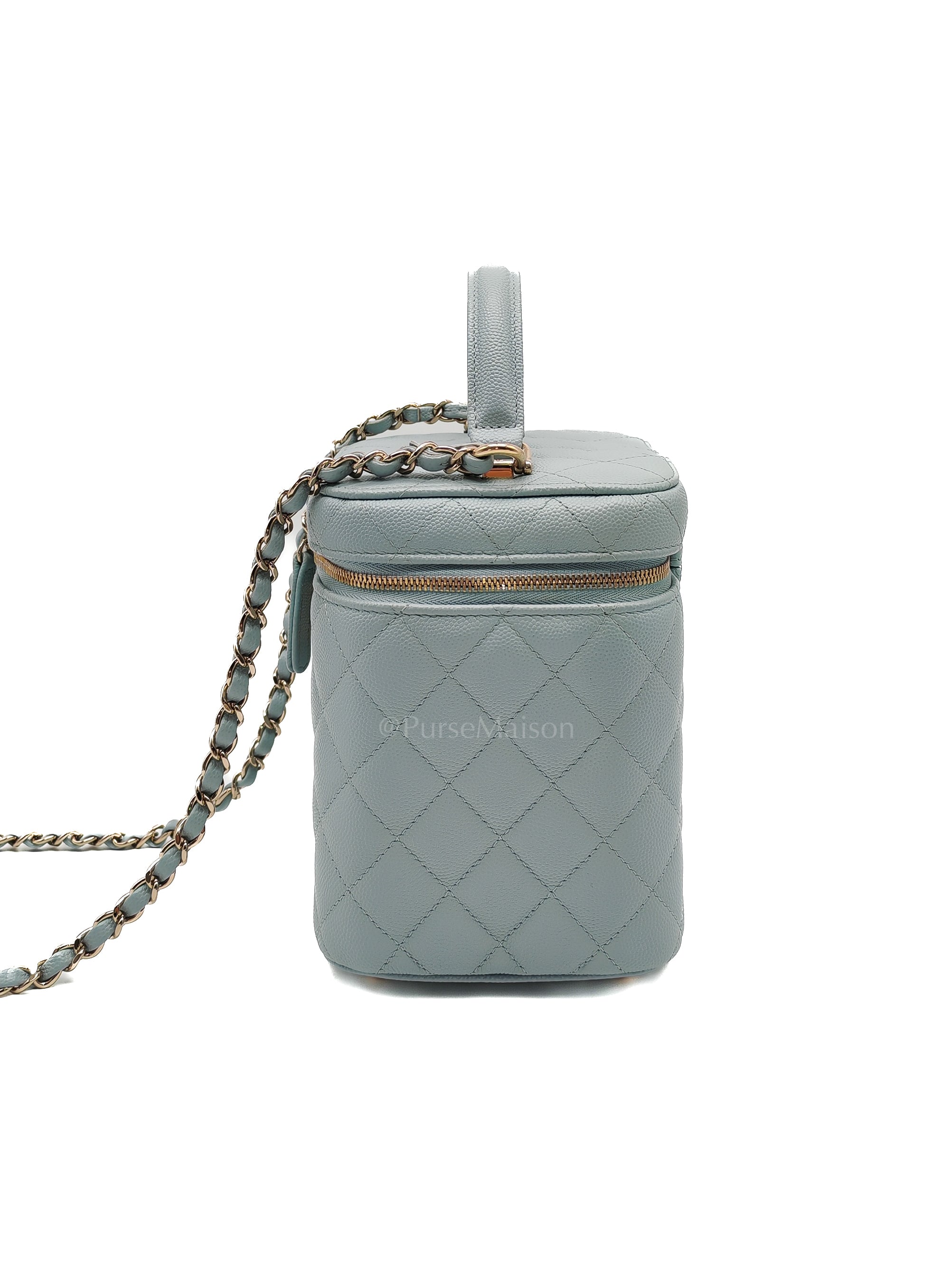 Vanity Case Small in Light Blue Quilted Caviar Leather & Light Gold Hardware Microchip | Purse Maison Luxury Bags Shop