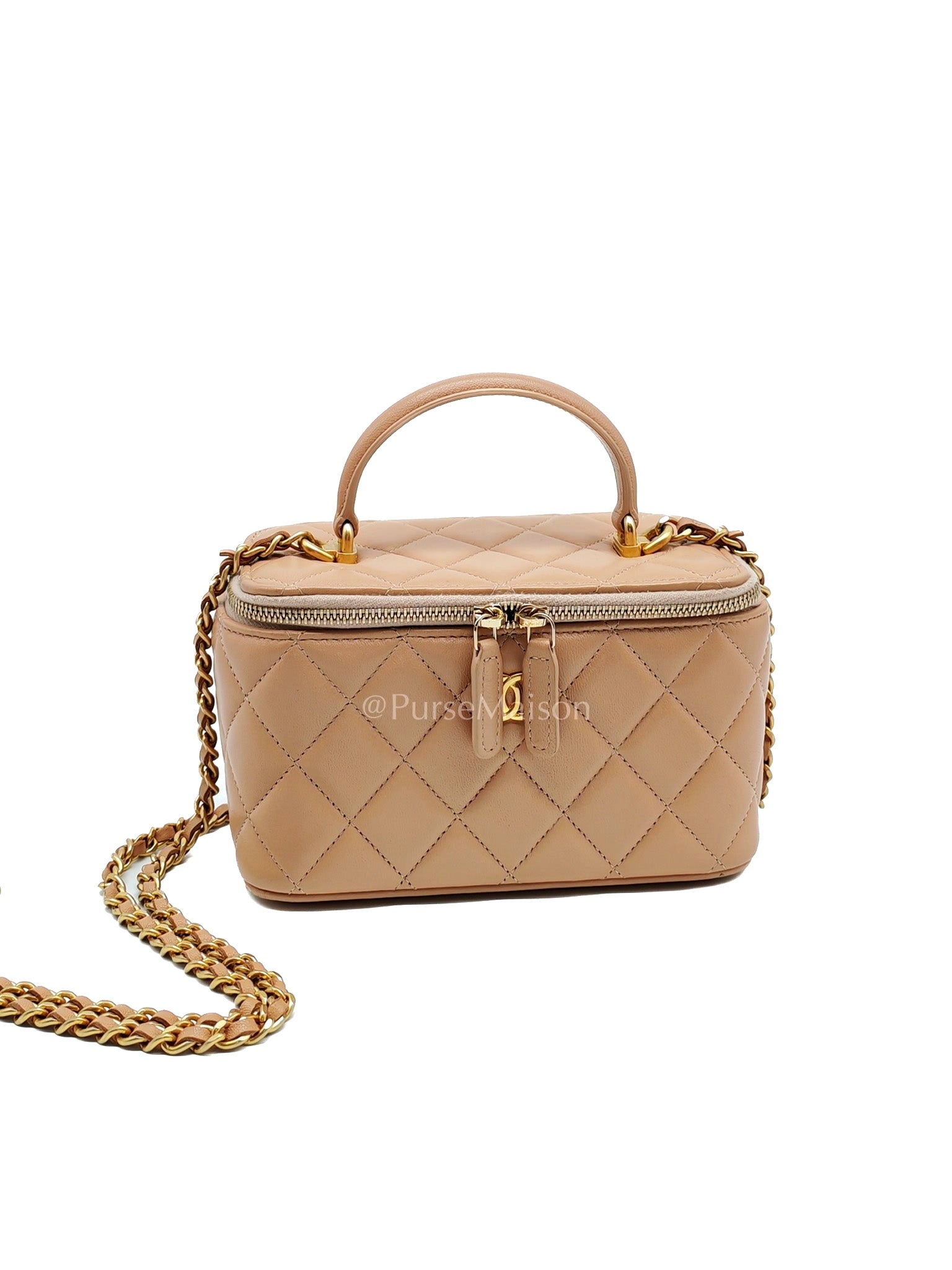 Vanity Case Top Handle Beige in Quilted Lambskin Leather and Aged Gold Hardware Series 31 | Purse Maison Luxury Bags Shop