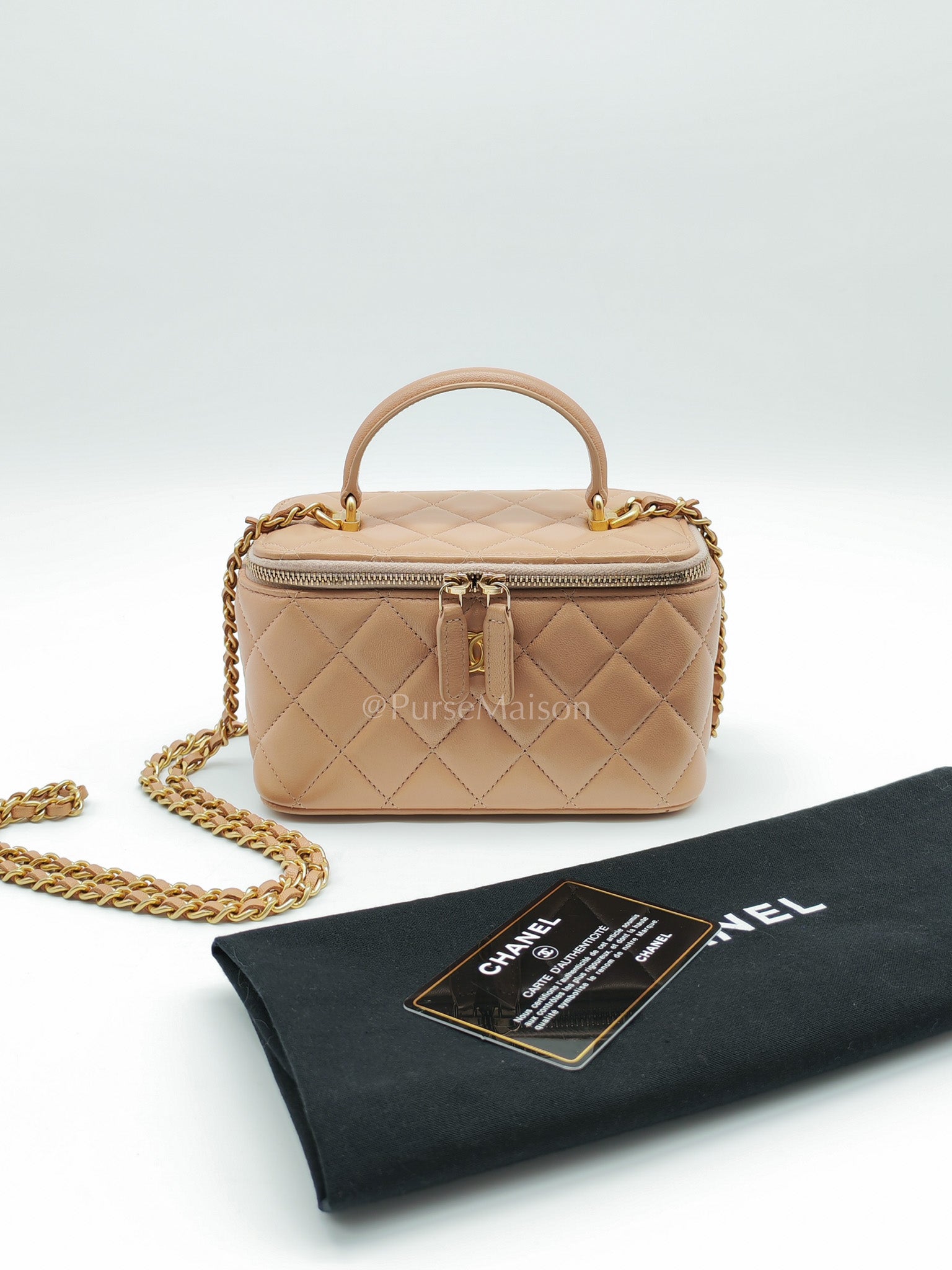 Vanity Case Top Handle Beige in Quilted Lambskin Leather and Aged Gold Hardware Series 31 | Purse Maison Luxury Bags Shop