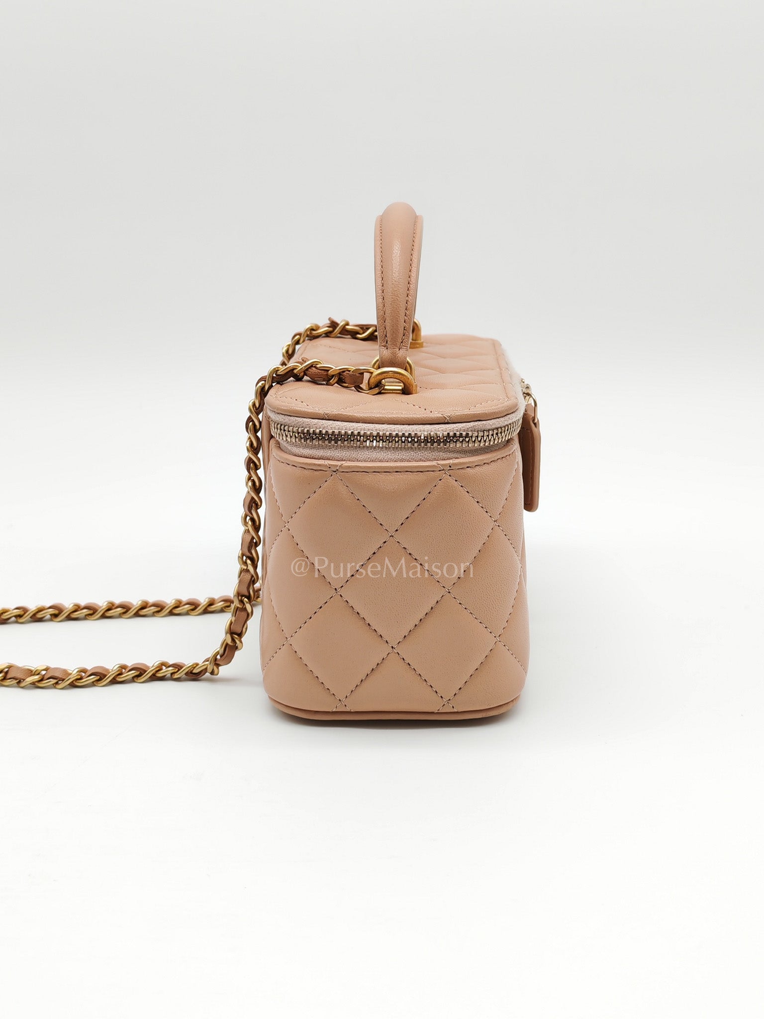 Vanity Case Top Handle Beige in Quilted Lambskin Leather and Aged Gold Hardware Series 31 | Purse Maison Luxury Bags Shop