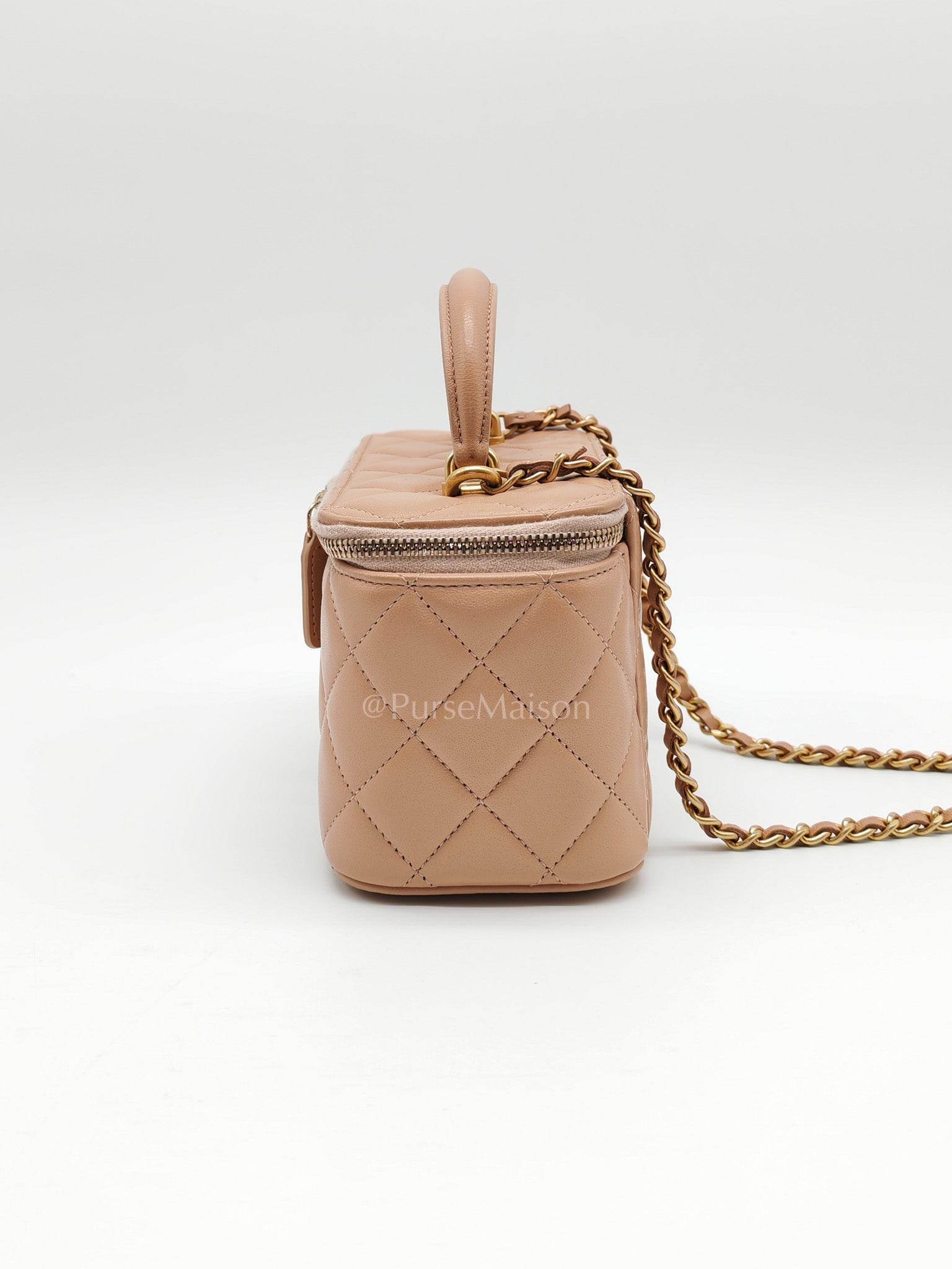 Vanity Case Top Handle Beige in Quilted Lambskin Leather and Aged Gold Hardware Series 31 | Purse Maison Luxury Bags Shop