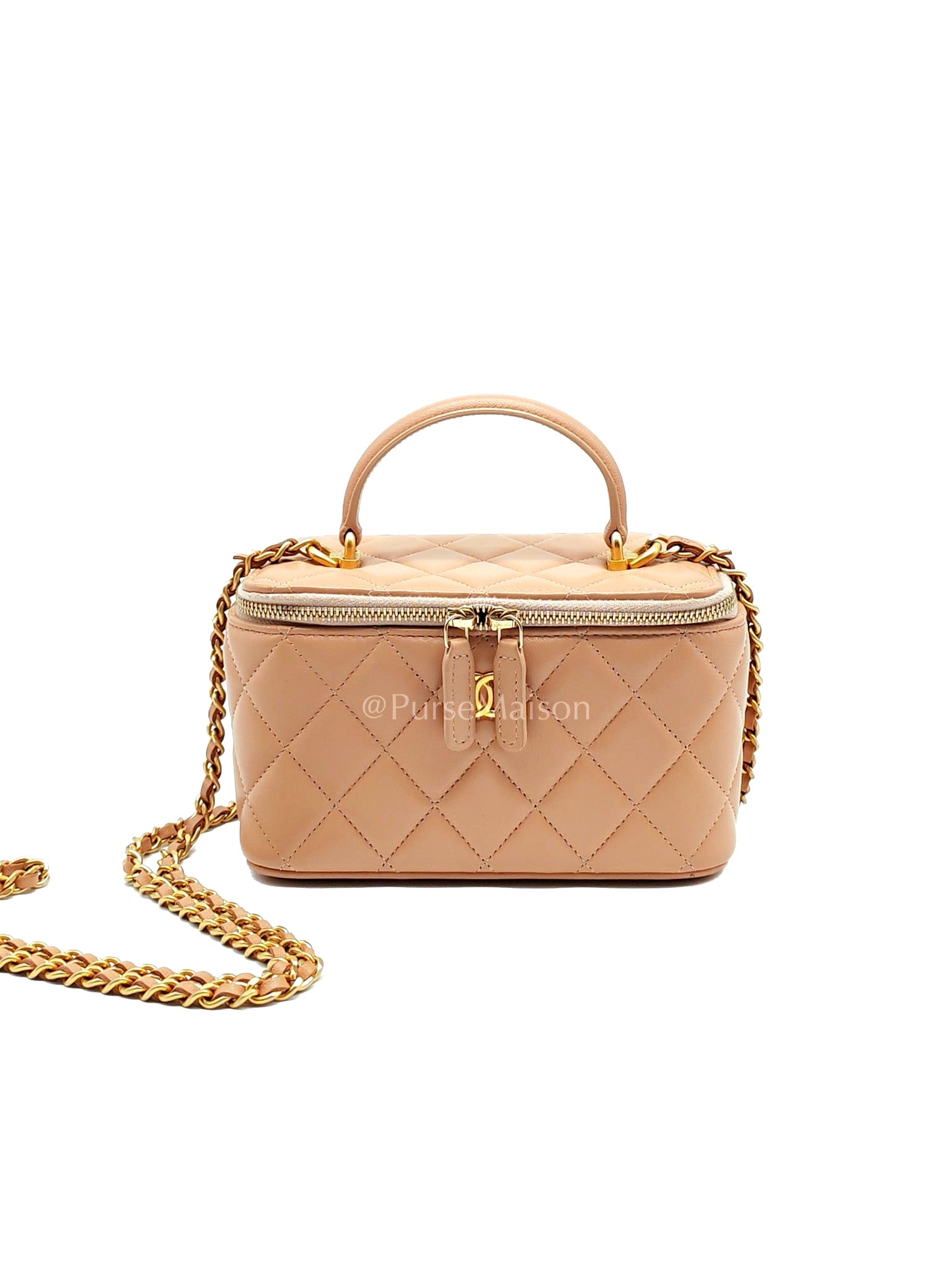 Vanity Case Top Handle Beige in Quilted Lambskin Leather and Aged Gold Hardware Series 31 | Purse Maison Luxury Bags Shop
