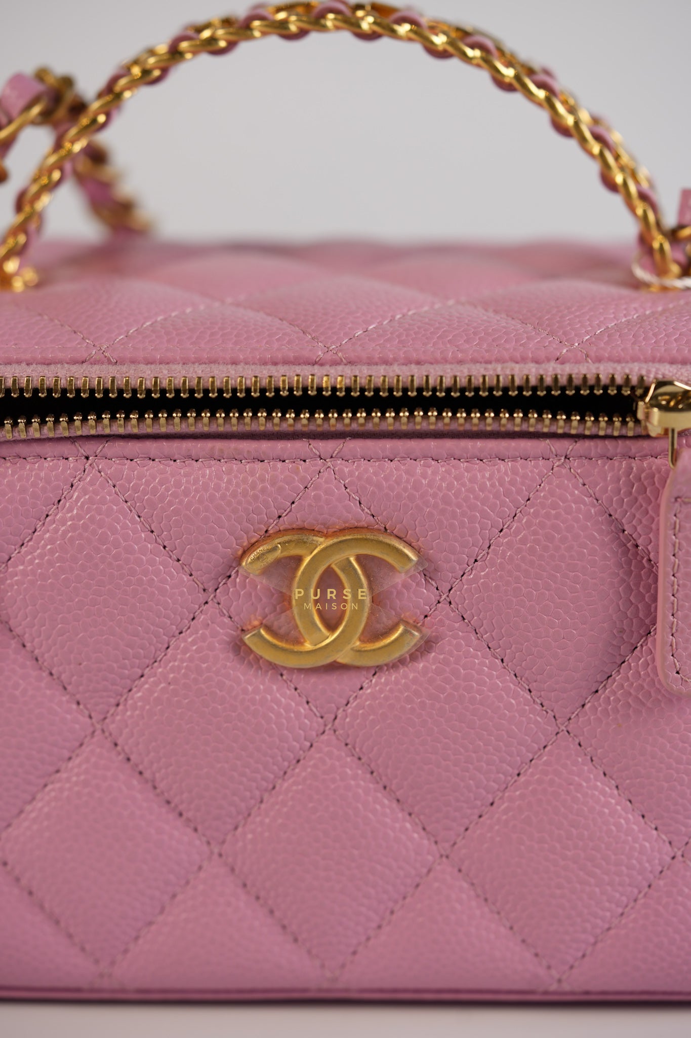 Vanity Case Top in Pink Caviar Leather and Aged Gold Hardware (Series 32) | Purse Maison Luxury Bags Shop