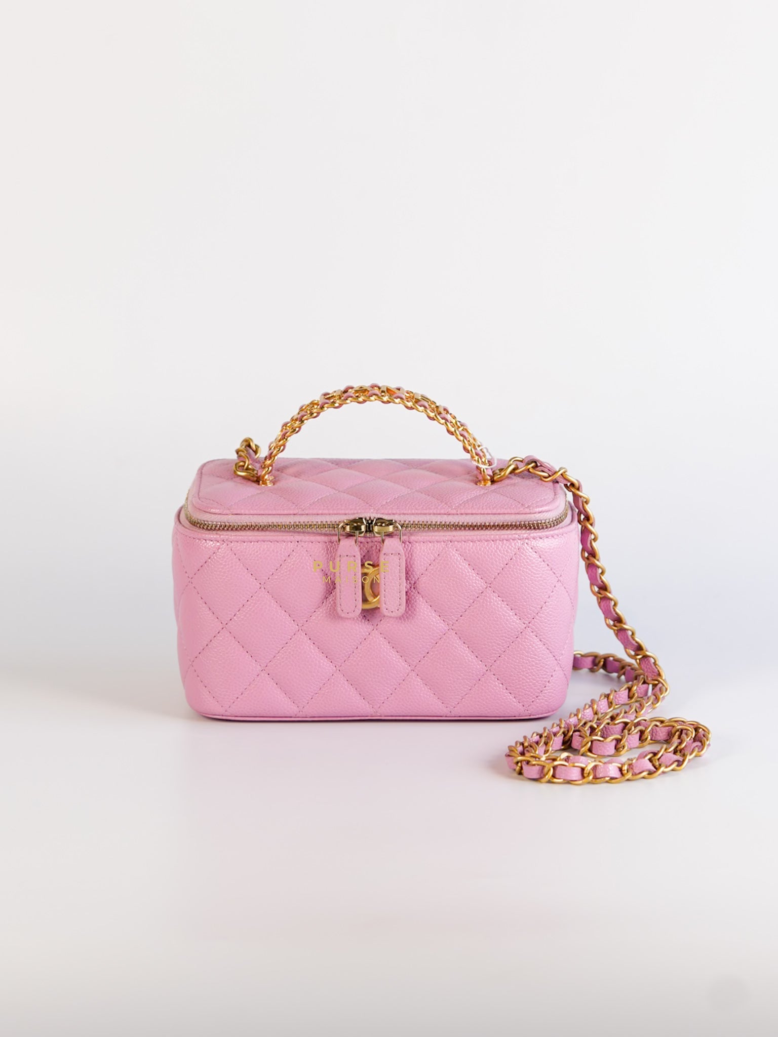 Vanity Case Top in Pink Caviar Leather and Aged Gold Hardware (Series 32) | Purse Maison Luxury Bags Shop