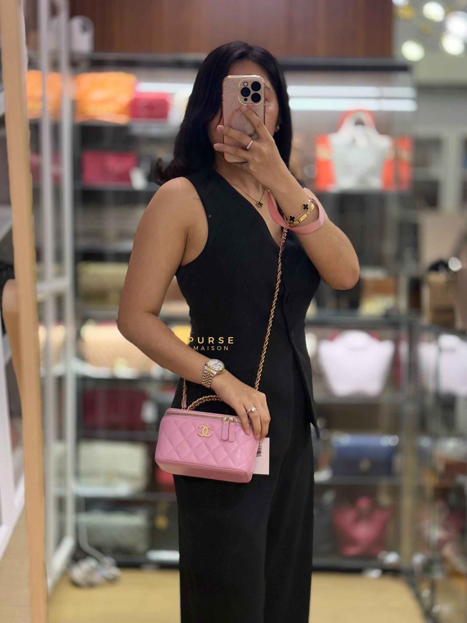 Vanity Case Top in Pink Caviar Leather and Aged Gold Hardware (Series 32) | Purse Maison Luxury Bags Shop