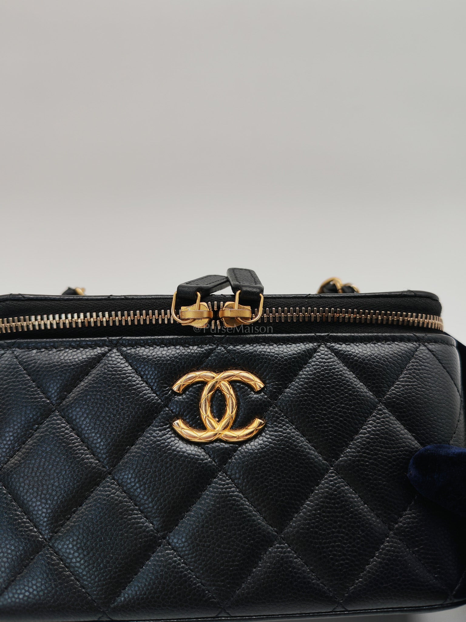 Vanity in Black Iridescent Caviar Leather and Aged Gold Hardware with Adjustable Chain Strap (Microchip) | Purse Maison Luxury Bags Shop
