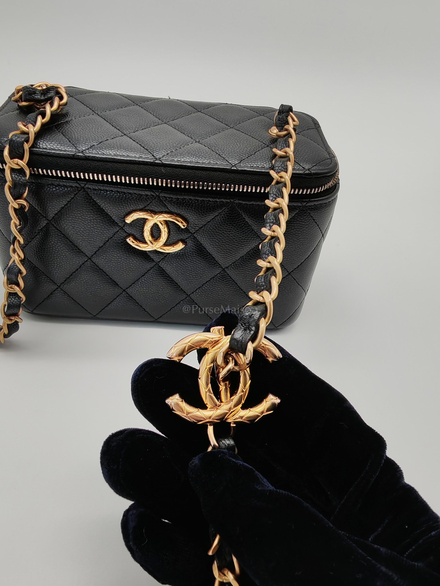 Vanity in Black Iridescent Caviar Leather and Aged Gold Hardware with Adjustable Chain Strap (Microchip) | Purse Maison Luxury Bags Shop
