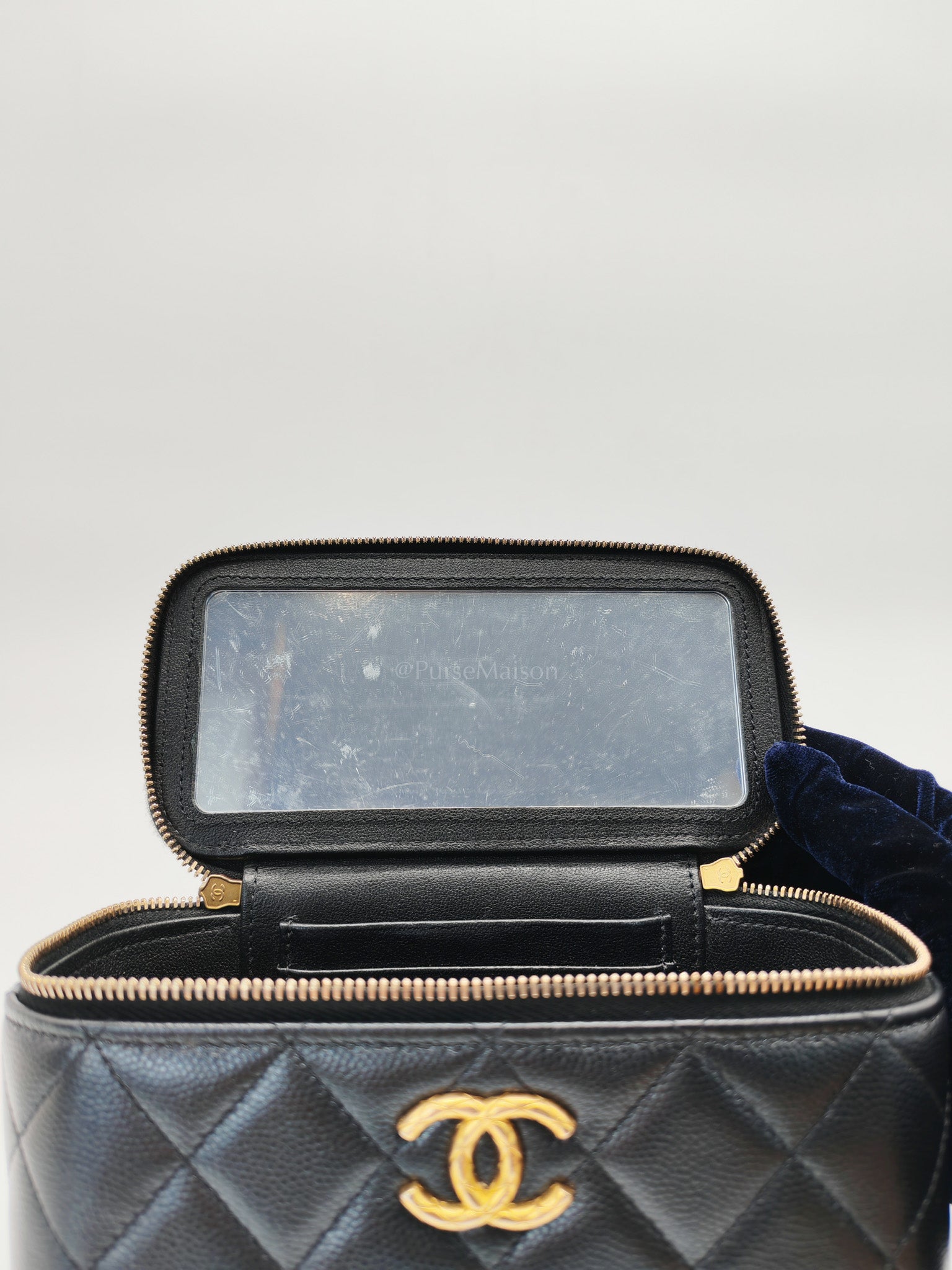 Vanity in Black Iridescent Caviar Leather and Aged Gold Hardware with Adjustable Chain Strap (Microchip) | Purse Maison Luxury Bags Shop