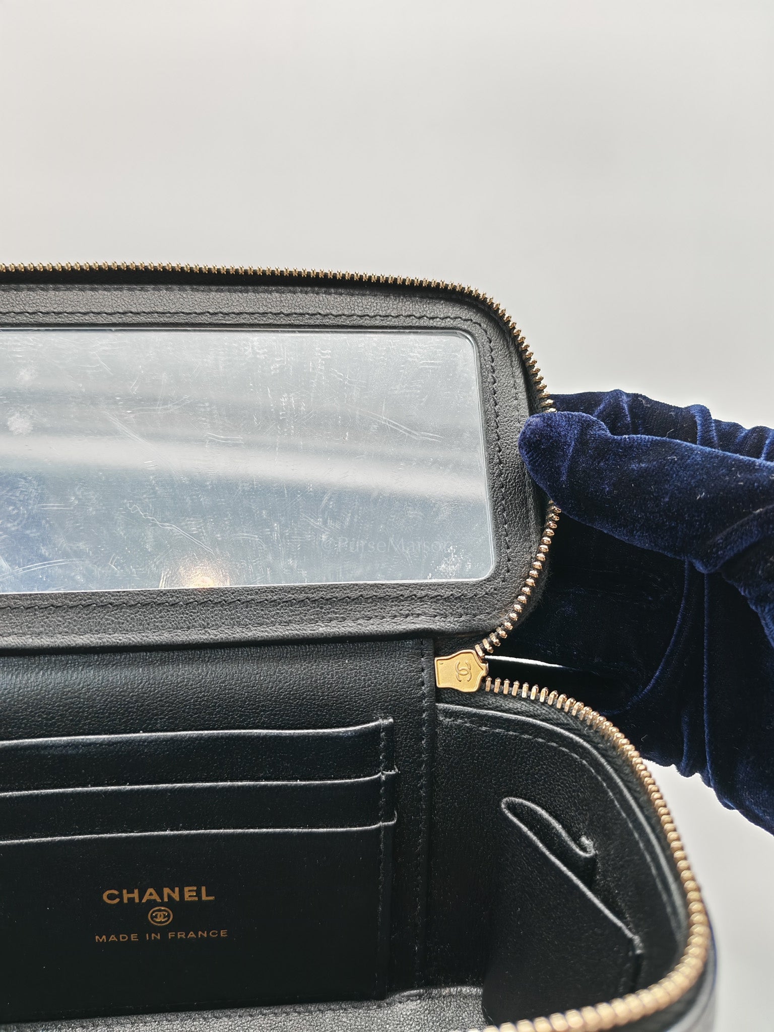 Vanity in Black Iridescent Caviar Leather and Aged Gold Hardware with Adjustable Chain Strap (Microchip) | Purse Maison Luxury Bags Shop