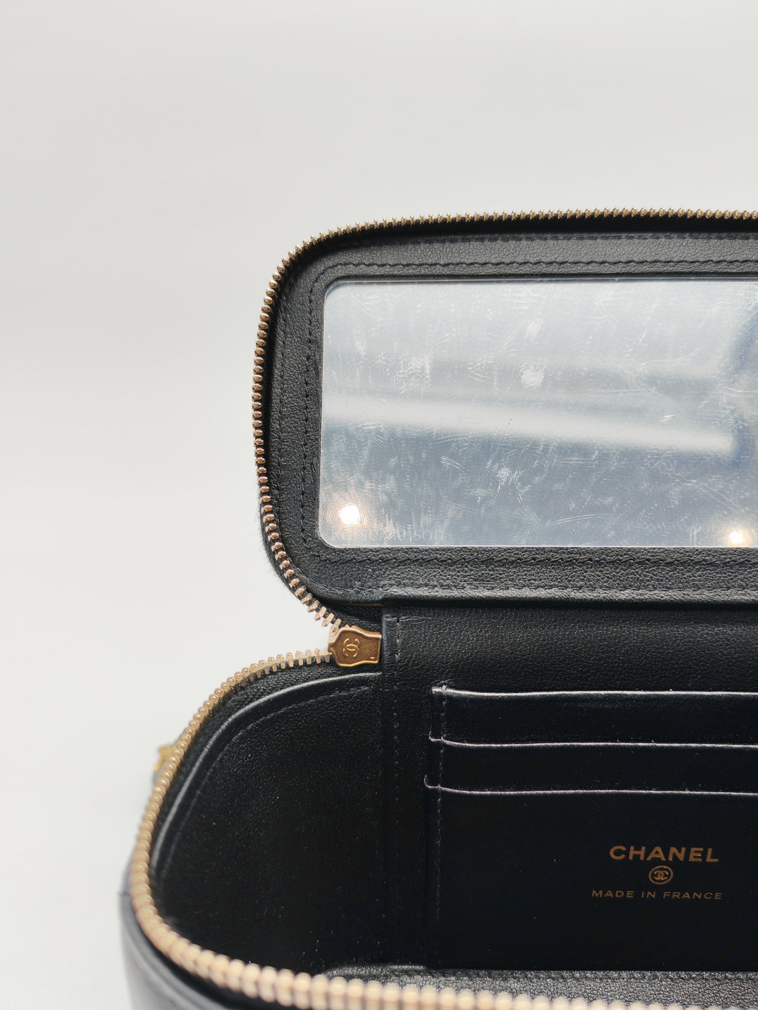 Vanity in Black Iridescent Caviar Leather and Aged Gold Hardware with Adjustable Chain Strap (Microchip) | Purse Maison Luxury Bags Shop
