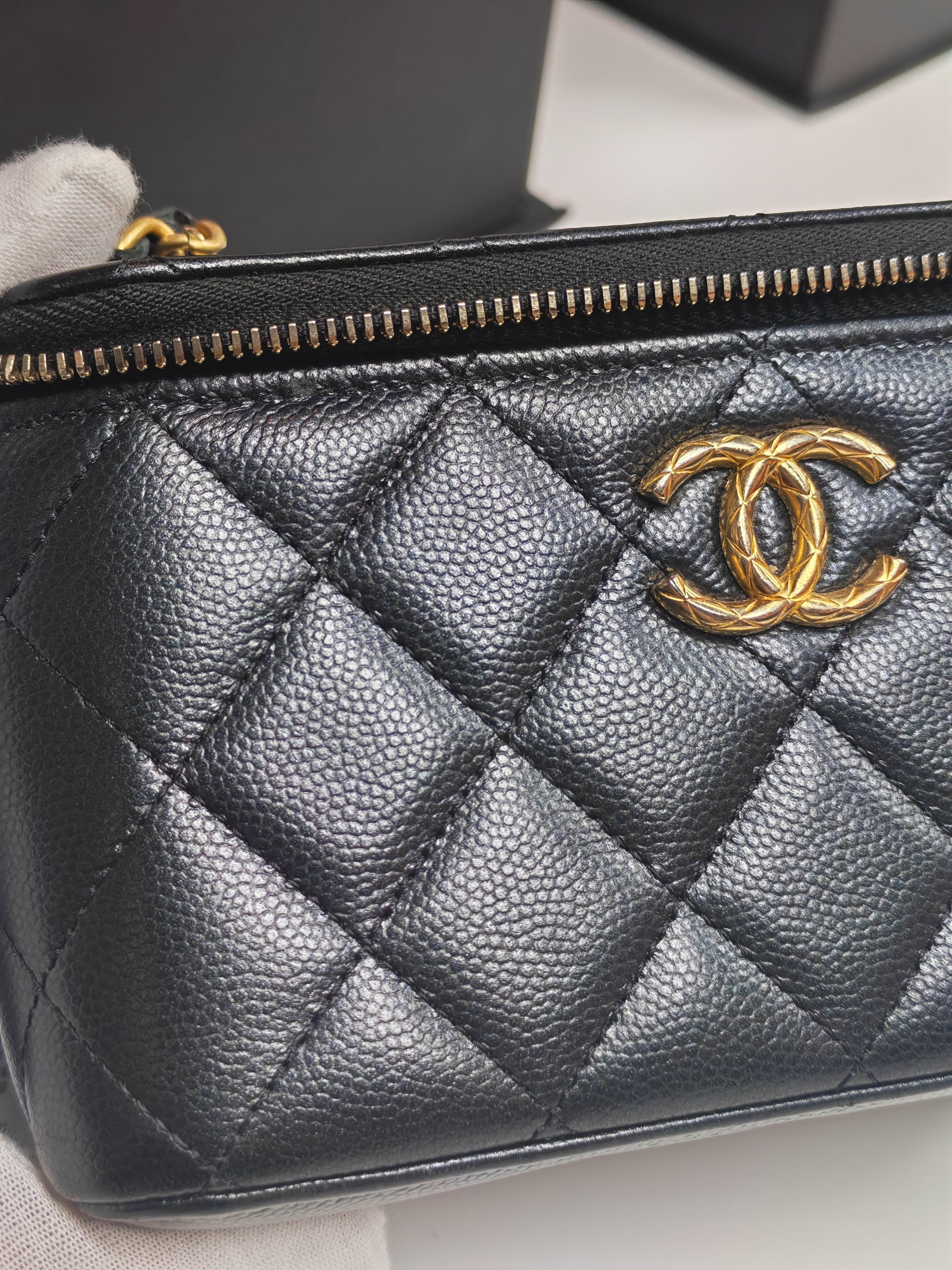 Vanity in Black Iridescent Caviar Leather and Aged Gold Hardware with Adjustable Chain Strap (Microchip) | Purse Maison Luxury Bags Shop