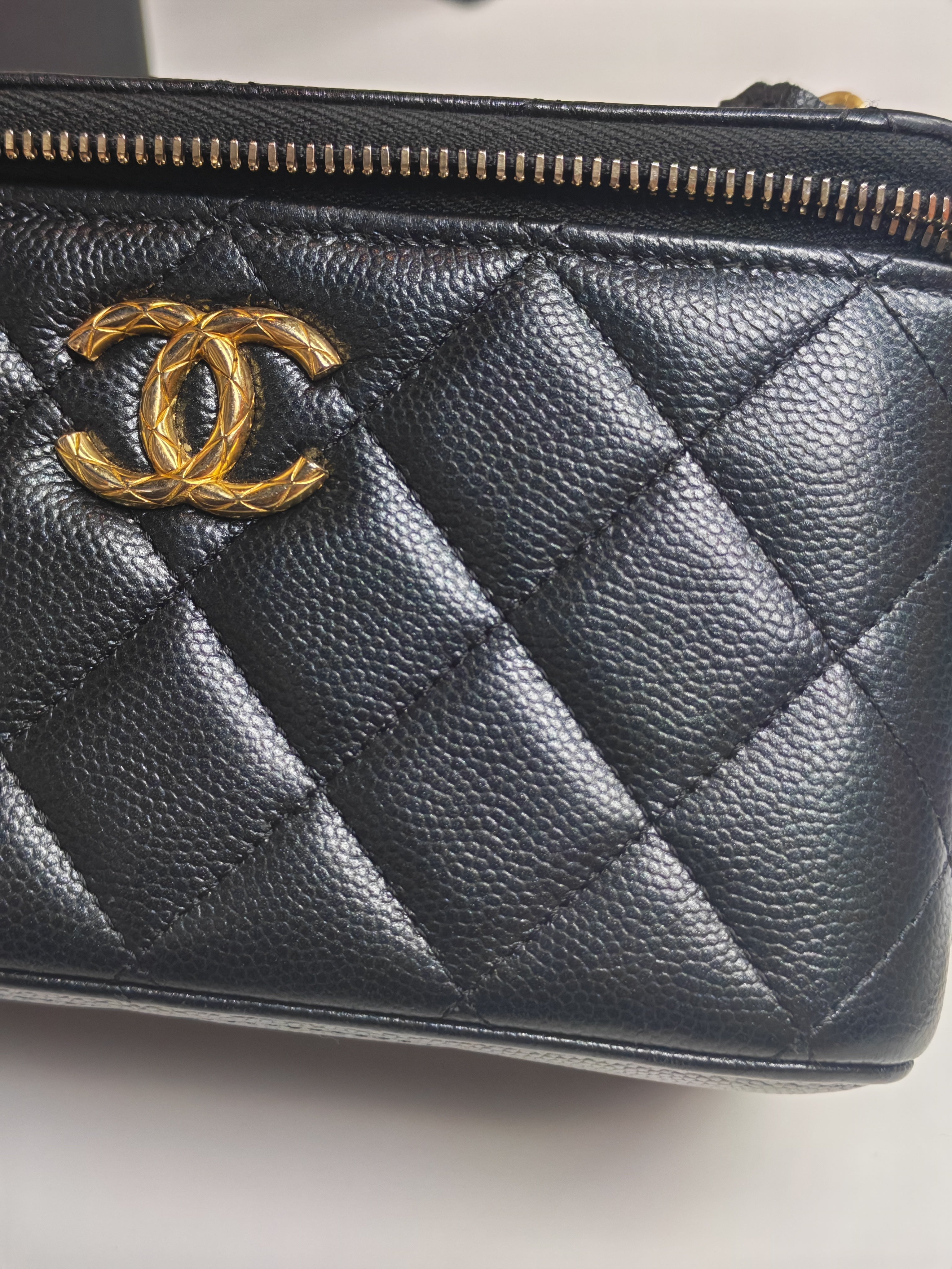 Vanity in Black Iridescent Caviar Leather and Aged Gold Hardware with Adjustable Chain Strap (Microchip) | Purse Maison Luxury Bags Shop