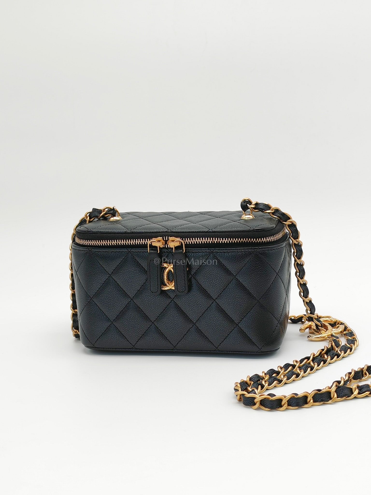 Vanity in Black Iridescent Caviar Leather and Aged Gold Hardware with Adjustable Chain Strap (Microchip) | Purse Maison Luxury Bags Shop