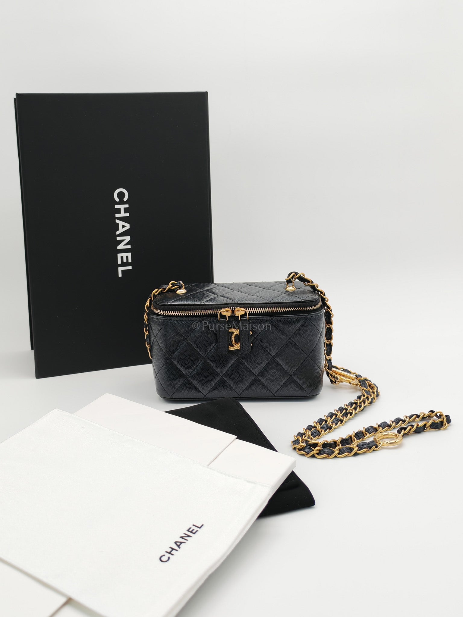 Vanity in Black Iridescent Caviar Leather and Aged Gold Hardware with Adjustable Chain Strap (Microchip) | Purse Maison Luxury Bags Shop