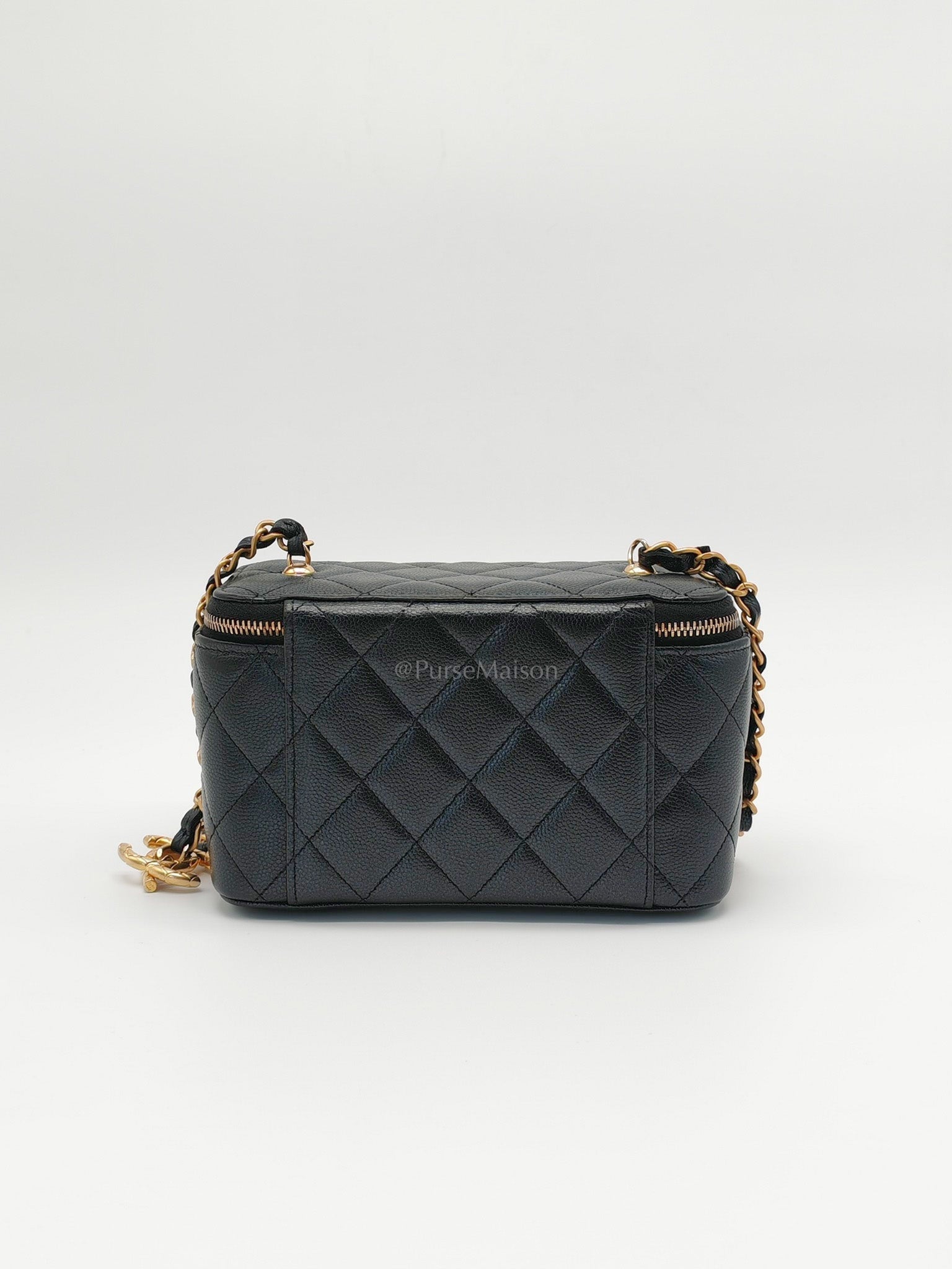 Vanity in Black Iridescent Caviar Leather and Aged Gold Hardware with Adjustable Chain Strap (Microchip) | Purse Maison Luxury Bags Shop