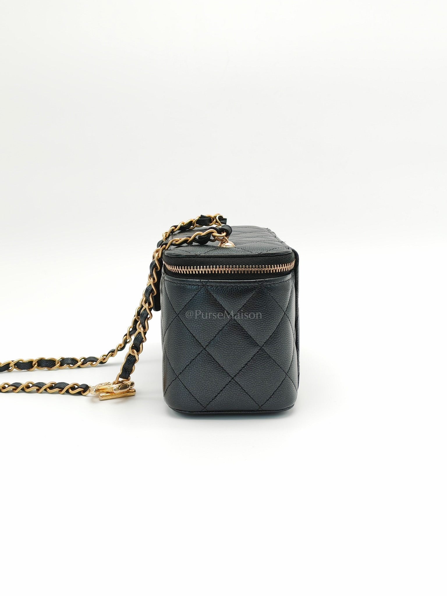 Vanity in Black Iridescent Caviar Leather and Aged Gold Hardware with Adjustable Chain Strap (Microchip) | Purse Maison Luxury Bags Shop