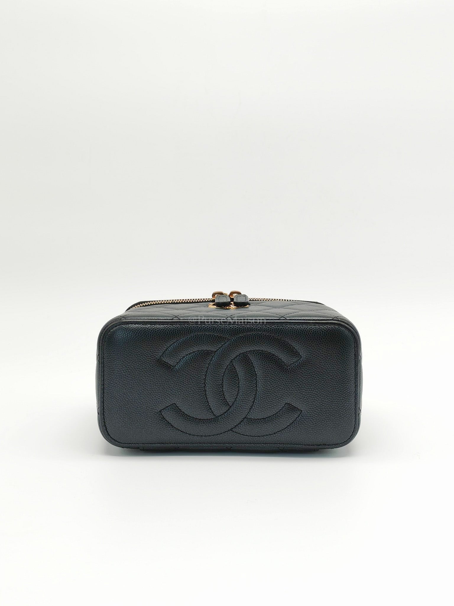 Vanity in Black Iridescent Caviar Leather and Aged Gold Hardware with Adjustable Chain Strap (Microchip) | Purse Maison Luxury Bags Shop