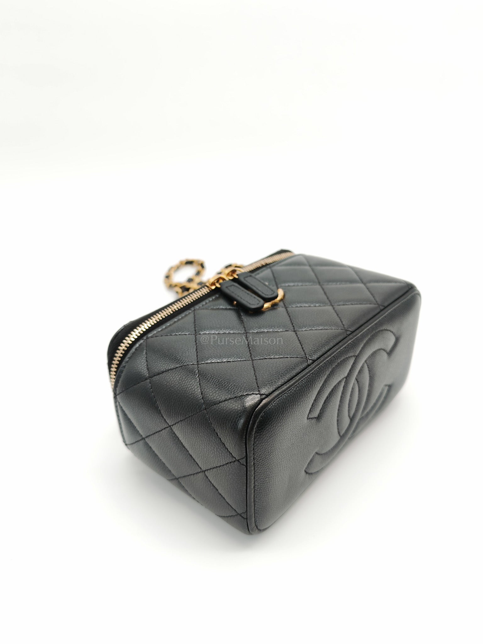 Vanity in Black Iridescent Caviar Leather and Aged Gold Hardware with Adjustable Chain Strap (Microchip) | Purse Maison Luxury Bags Shop