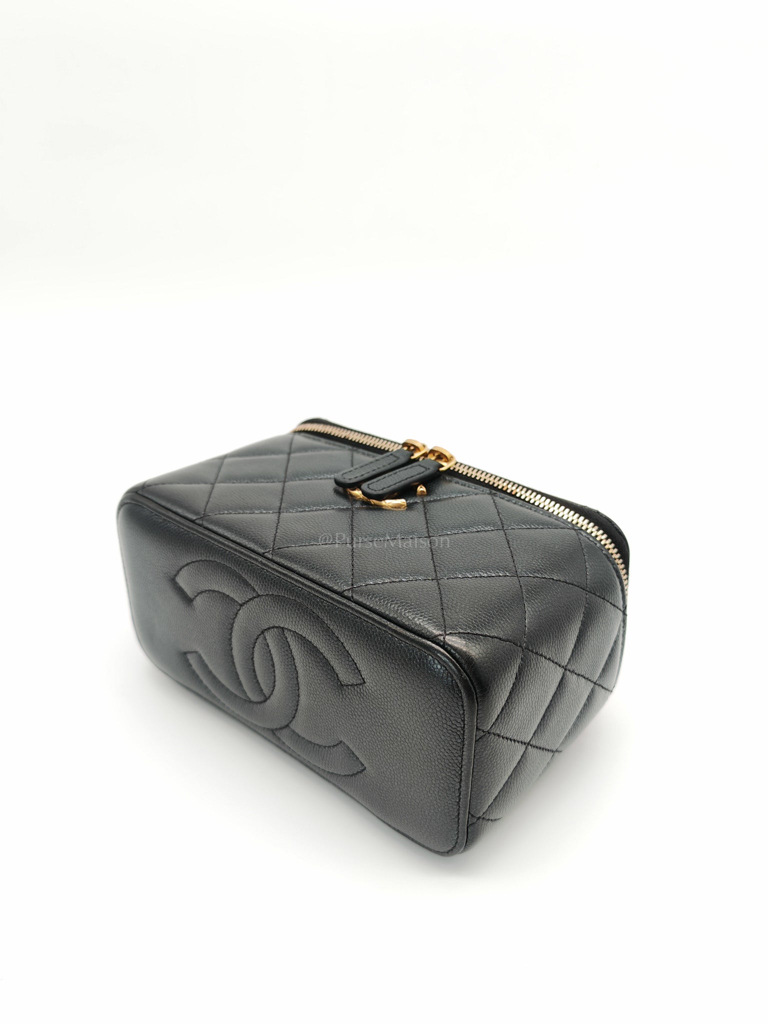 Vanity in Black Iridescent Caviar Leather and Aged Gold Hardware with Adjustable Chain Strap (Microchip) | Purse Maison Luxury Bags Shop