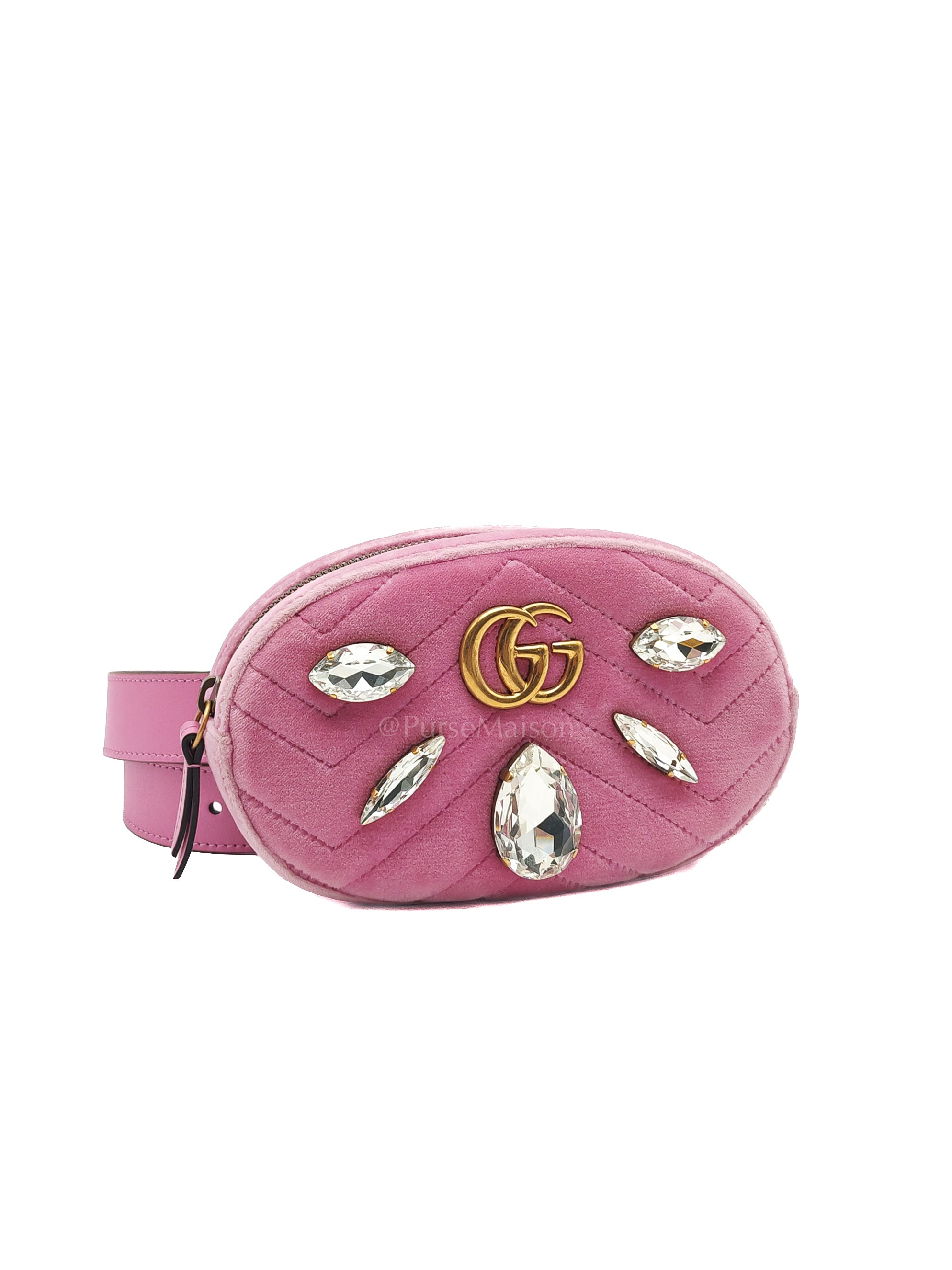 Velvet Belt Bag in Pink GG Marmont Crystal-Embellished Suede Canvas & Gold Hardware | Purse Maison Luxury Bags Shop