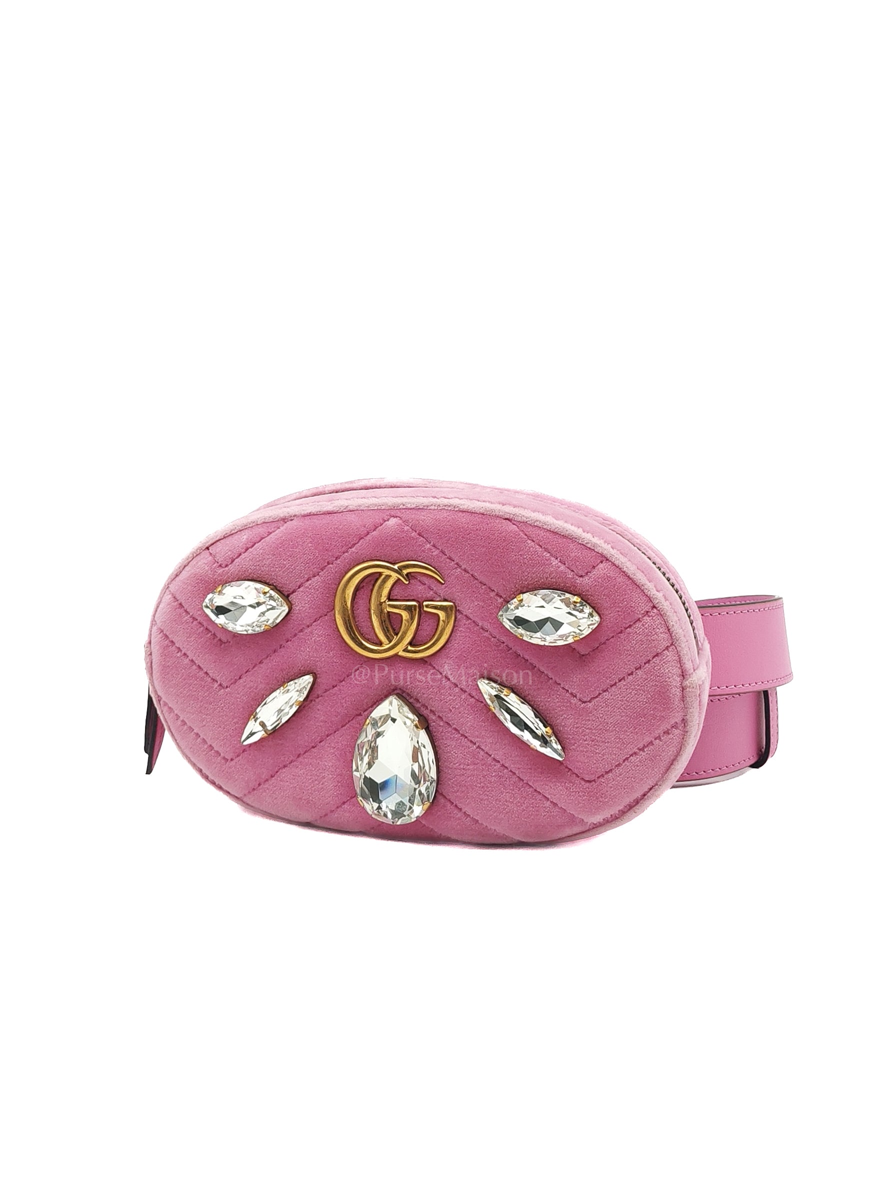 Velvet Belt Bag in Pink GG Marmont Crystal-Embellished Suede Canvas & Gold Hardware | Purse Maison Luxury Bags Shop