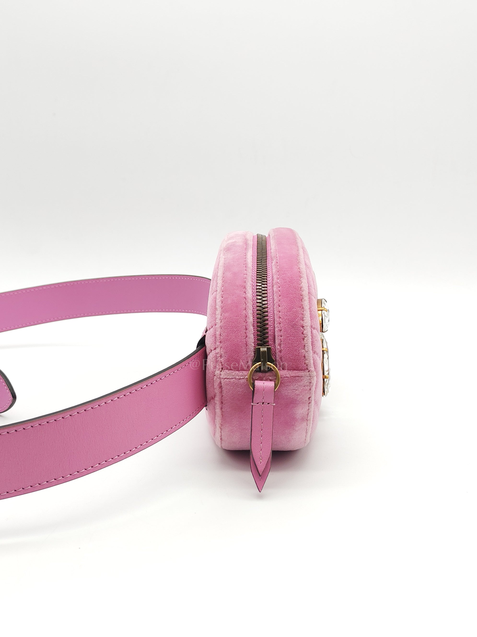 Velvet Belt Bag in Pink GG Marmont Crystal-Embellished Suede Canvas & Gold Hardware | Purse Maison Luxury Bags Shop
