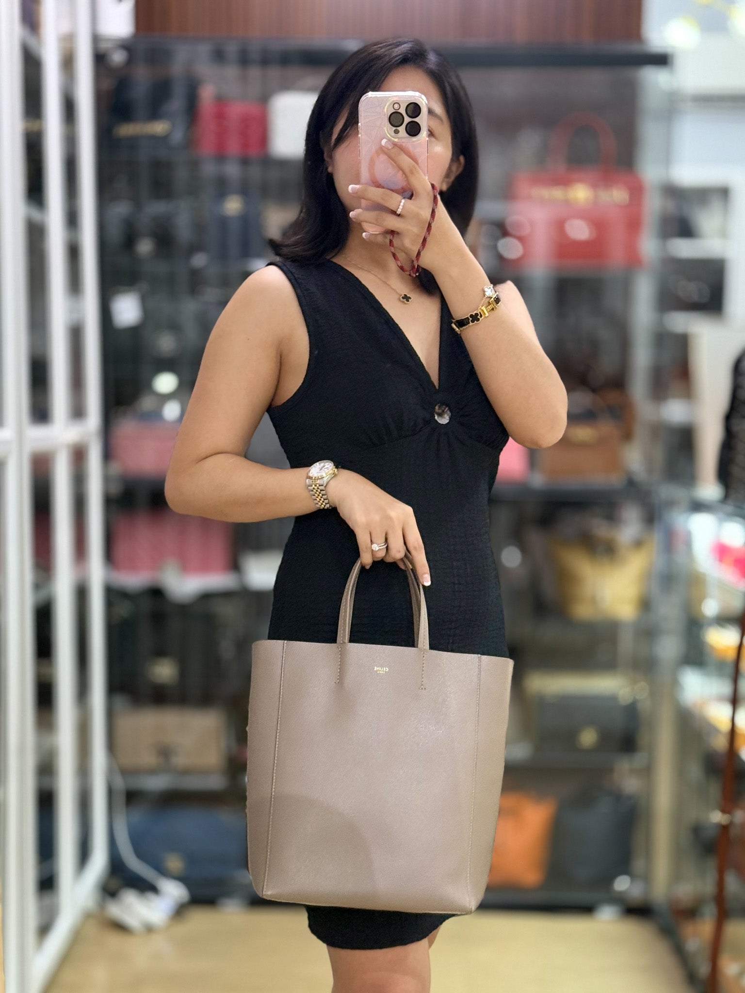 Vertical Cabas Tote Bag in Dark Beige Grained Calfskin | Purse Maison Luxury Bags Shop