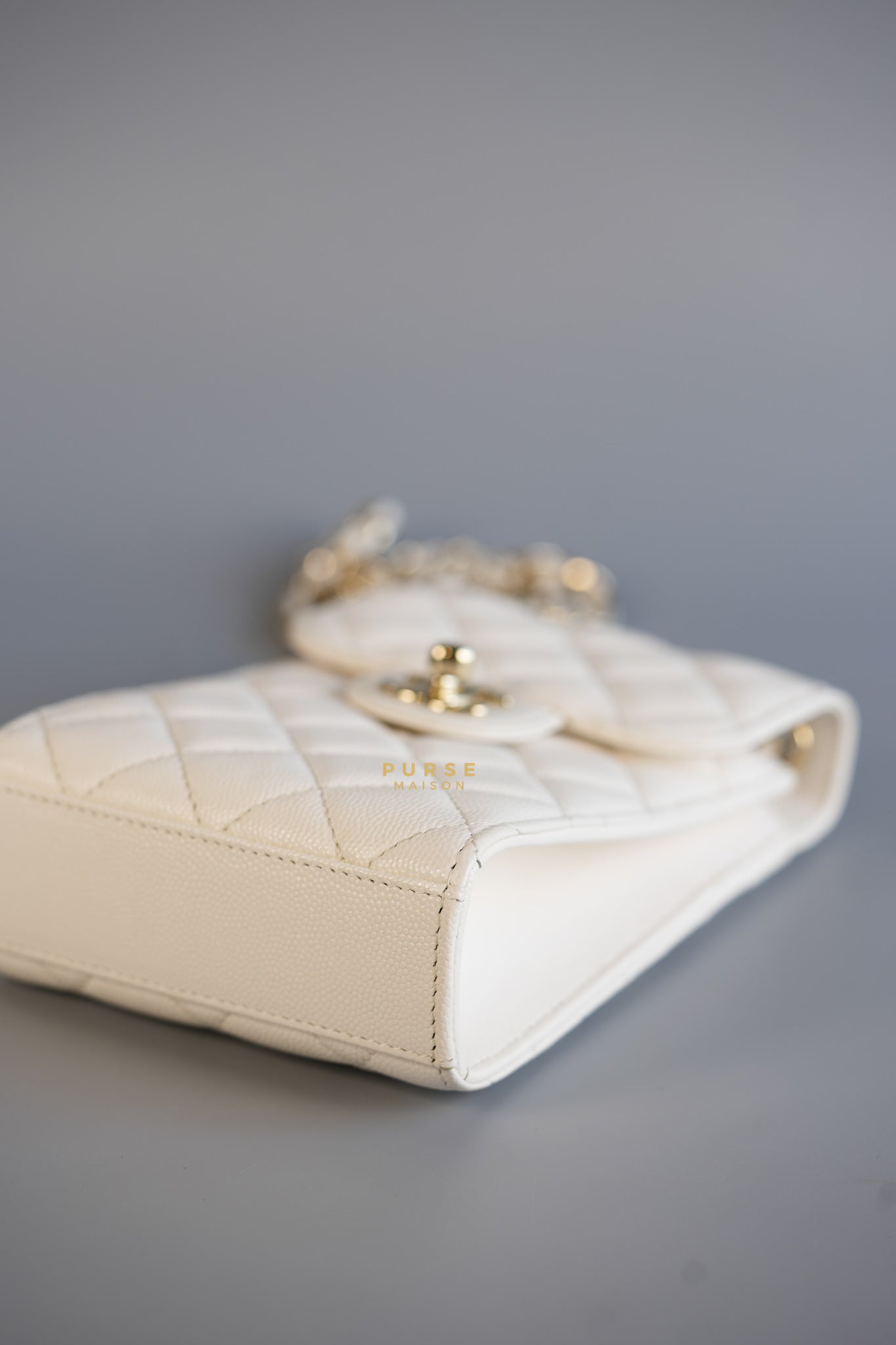 Vertical Flap Phone Holder with Chain in White Caviar and Light Gold Hardware Series 31 | Purse Maison Luxury Bags Shop