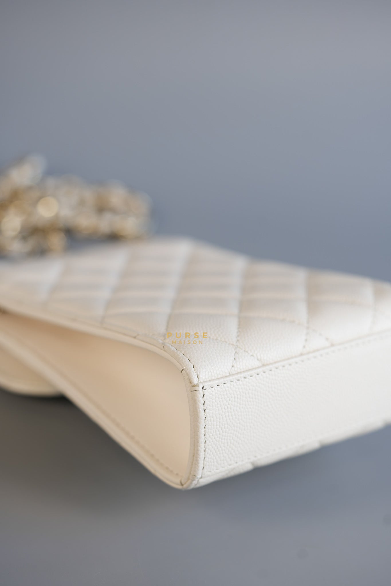 Vertical Flap Phone Holder with Chain in White Caviar and Light Gold Hardware Series 31 | Purse Maison Luxury Bags Shop