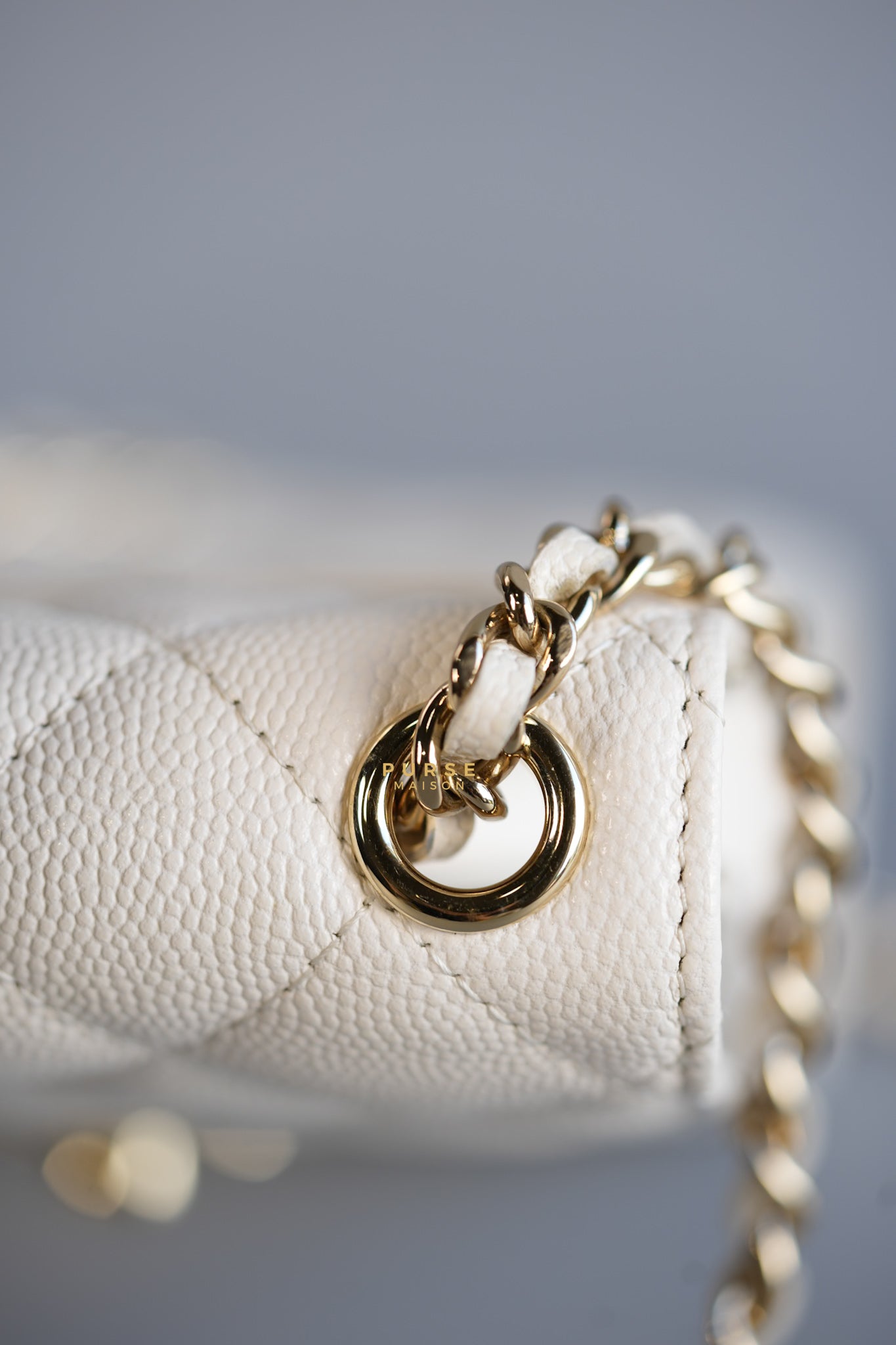 Vertical Flap Phone Holder with Chain in White Caviar and Light Gold Hardware Series 31 | Purse Maison Luxury Bags Shop