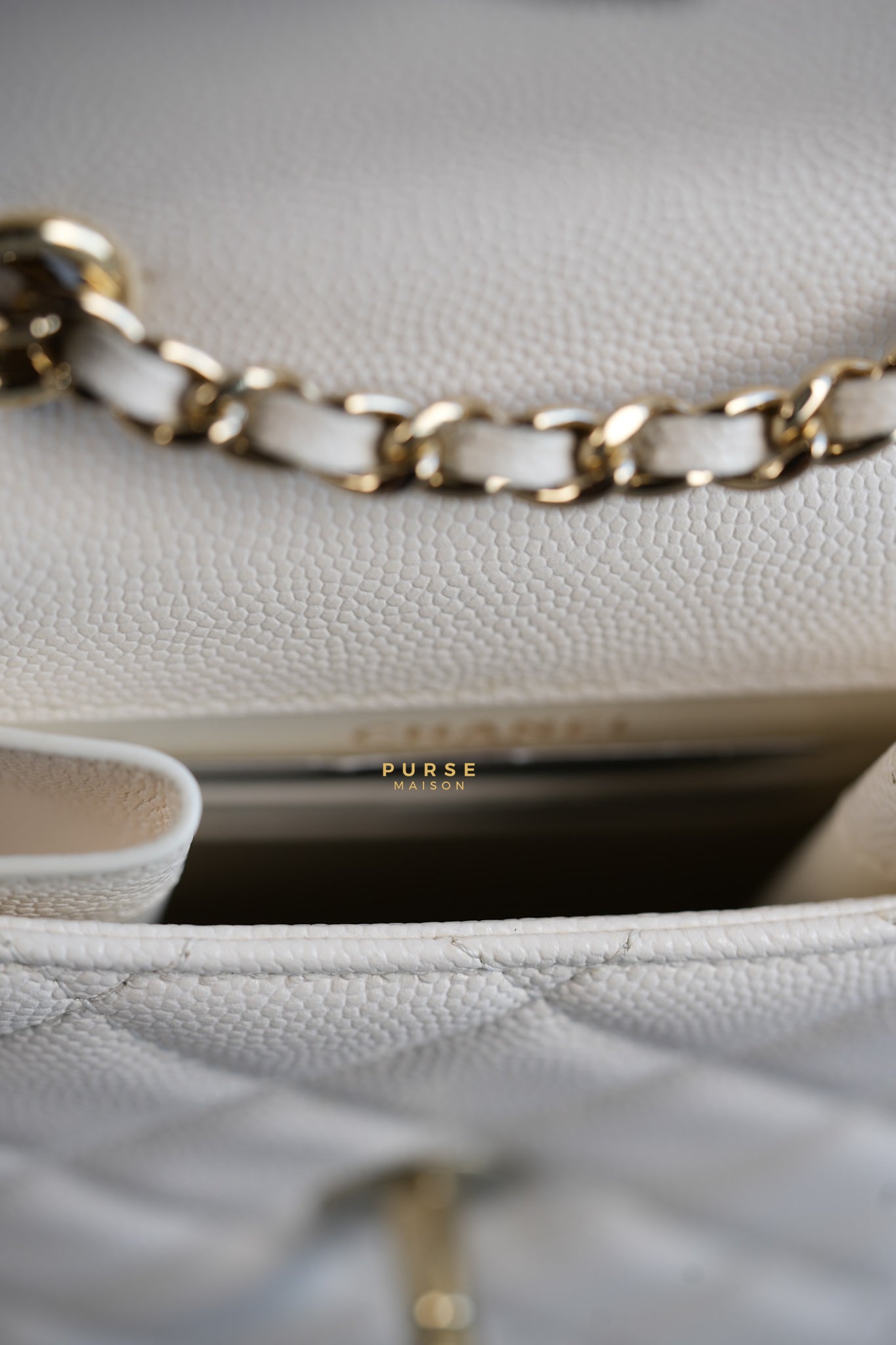 Vertical Flap Phone Holder with Chain in White Caviar and Light Gold Hardware Series 31 | Purse Maison Luxury Bags Shop