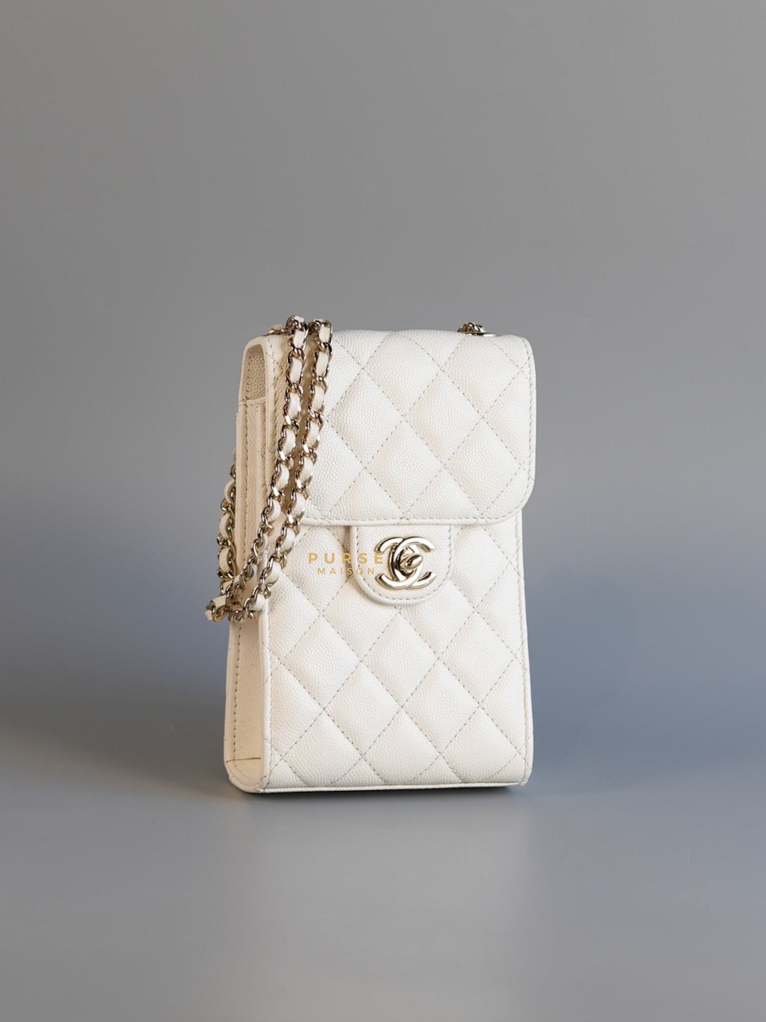 Vertical Flap Phone Holder with Chain in White Caviar and Light Gold Hardware Series 31 | Purse Maison Luxury Bags Shop