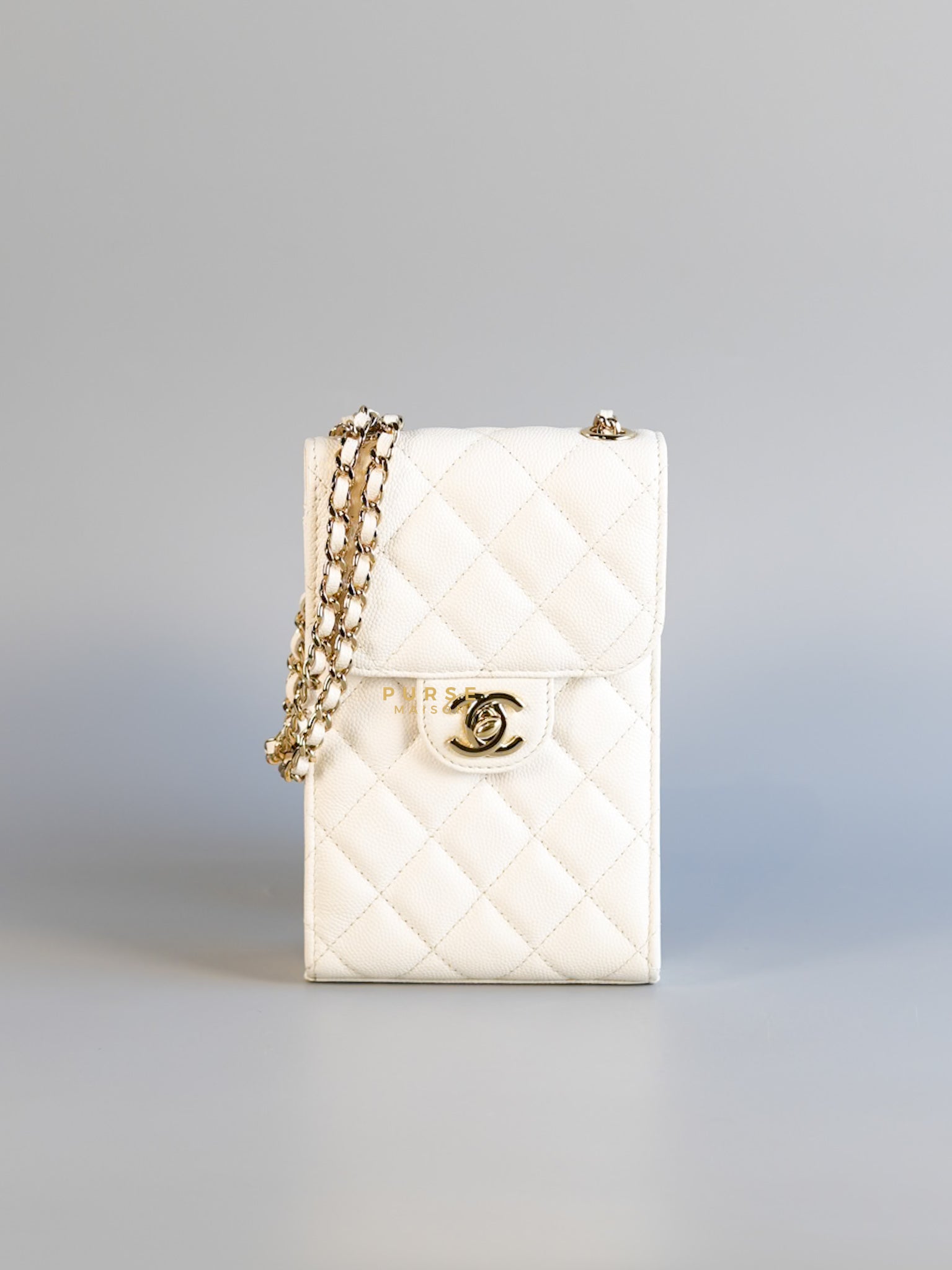 Vertical Flap Phone Holder with Chain in White Caviar and Light Gold Hardware Series 31 | Purse Maison Luxury Bags Shop