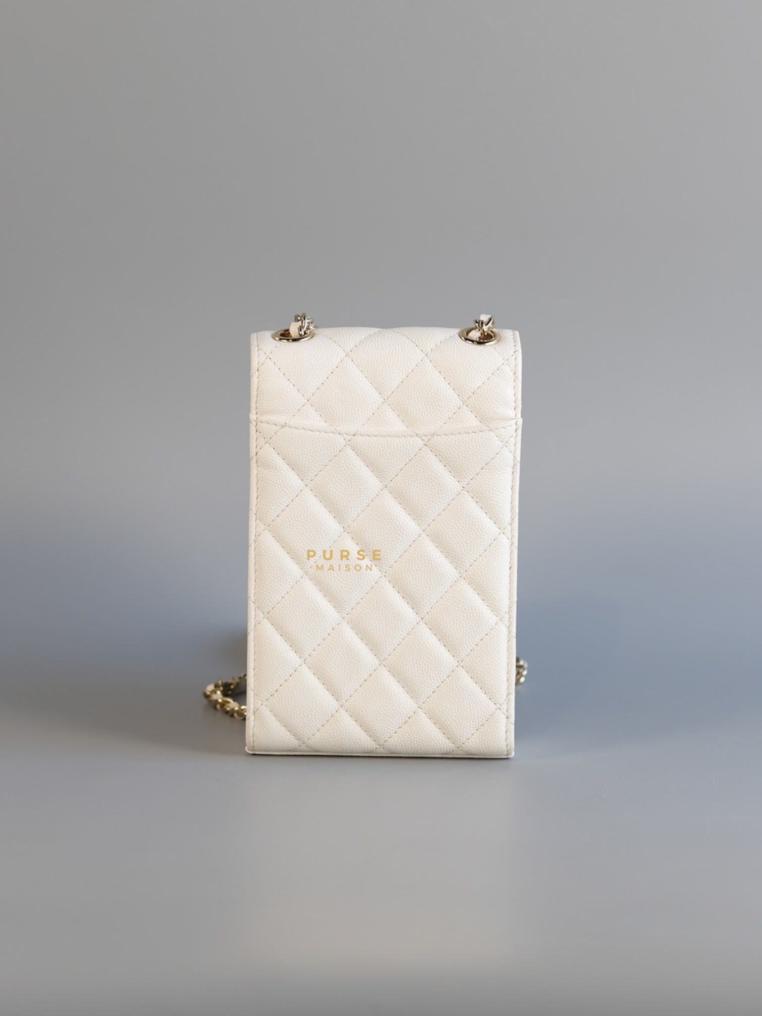 Vertical Flap Phone Holder with Chain in White Caviar and Light Gold Hardware Series 31 | Purse Maison Luxury Bags Shop