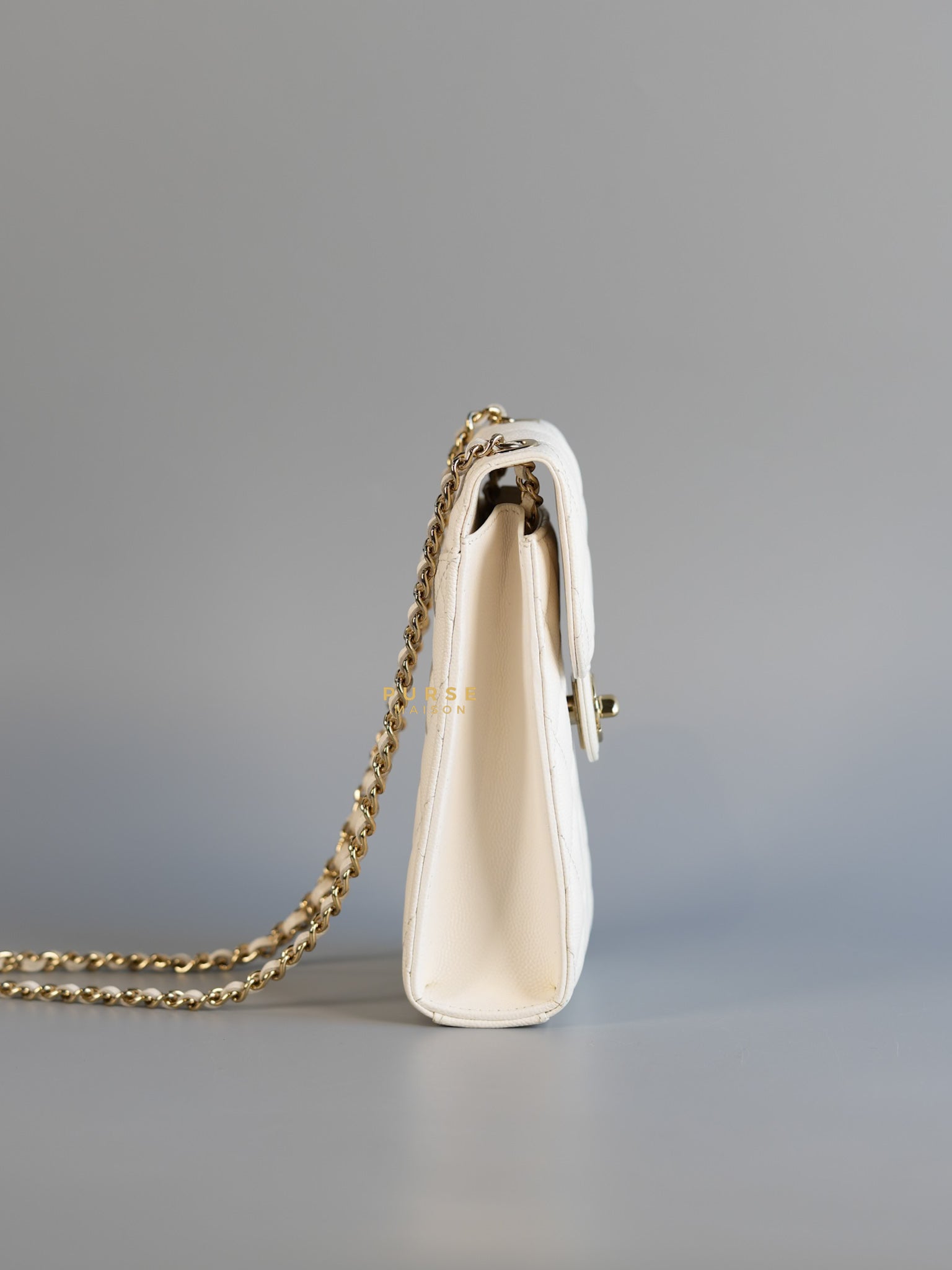 Vertical Flap Phone Holder with Chain in White Caviar and Light Gold Hardware Series 31 | Purse Maison Luxury Bags Shop