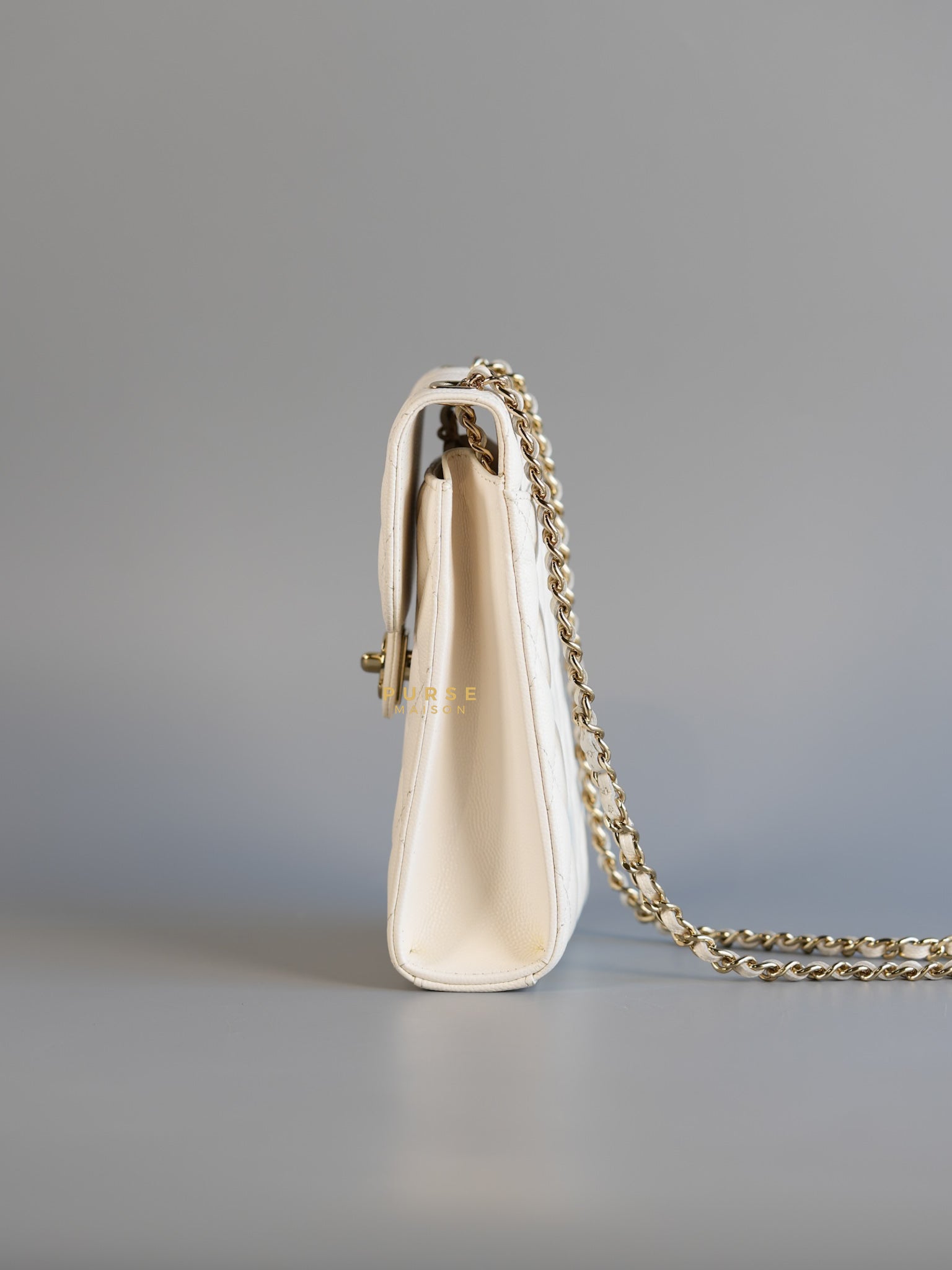 Vertical Flap Phone Holder with Chain in White Caviar and Light Gold Hardware Series 31 | Purse Maison Luxury Bags Shop