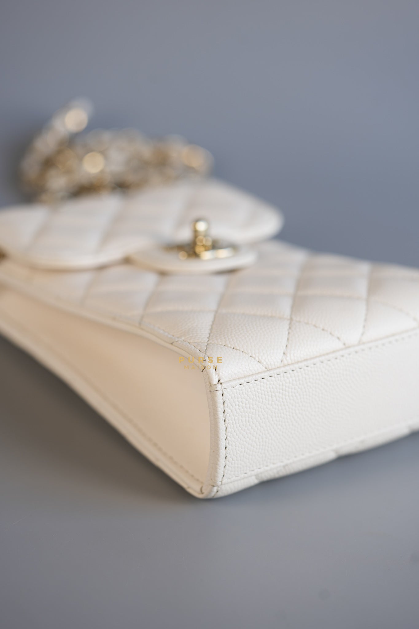 Vertical Flap Phone Holder with Chain in White Caviar and Light Gold Hardware Series 31 | Purse Maison Luxury Bags Shop