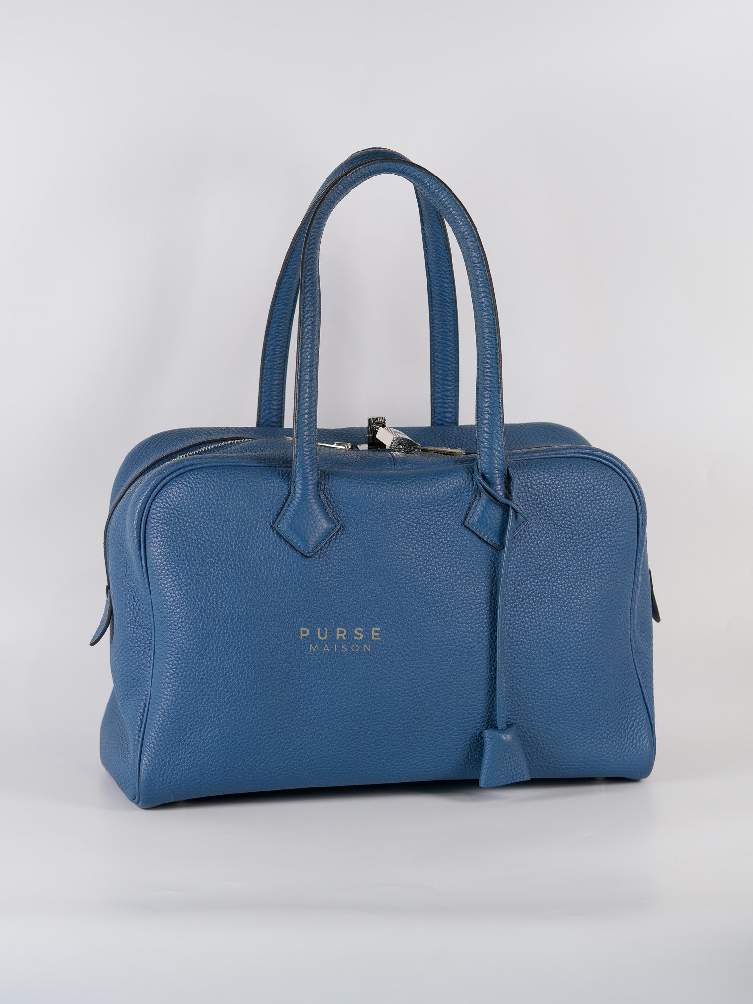 Victoria II 35 in Blue Clemence Leather & Palladium Hardware Stamp Square P(2012) | Purse Maison Luxury Bags Shop
