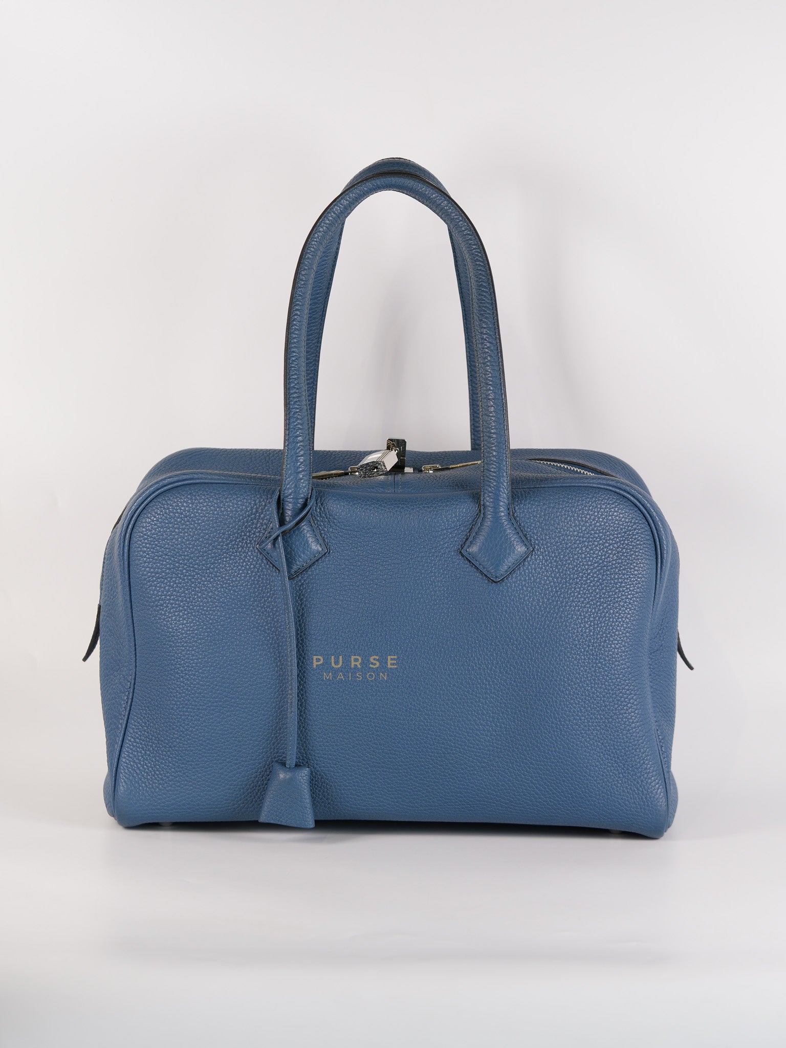 Victoria II 35 in Blue Clemence Leather & Palladium Hardware Stamp Square P(2012) | Purse Maison Luxury Bags Shop