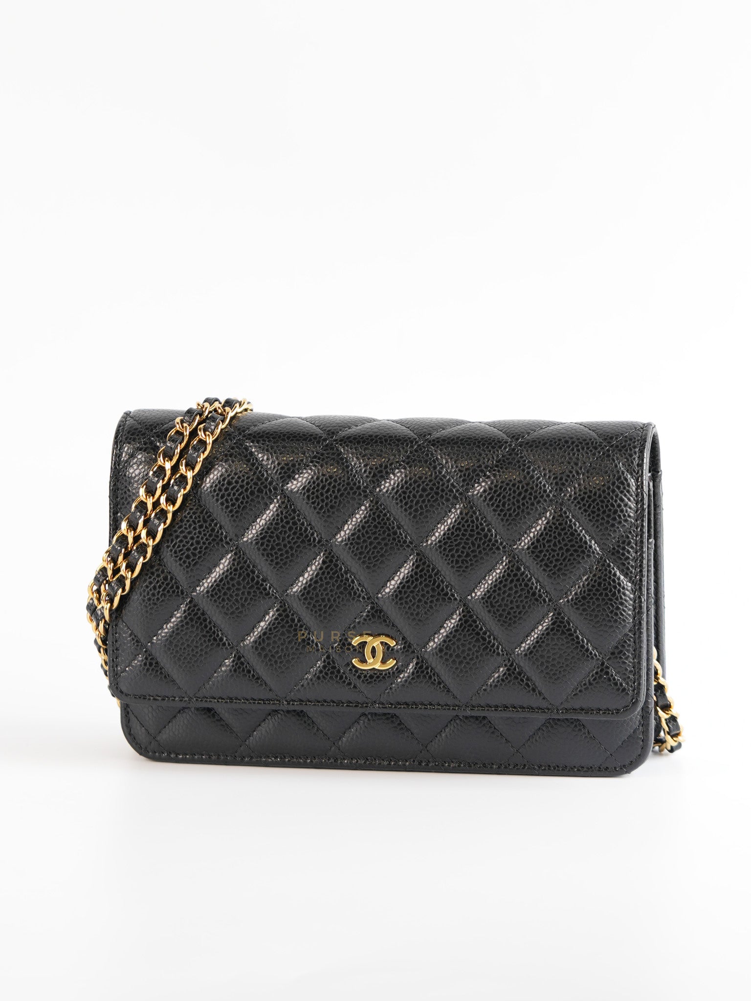 Wallet on Chain WOC in Caviar Leather and Gold Hardware (Microchip)