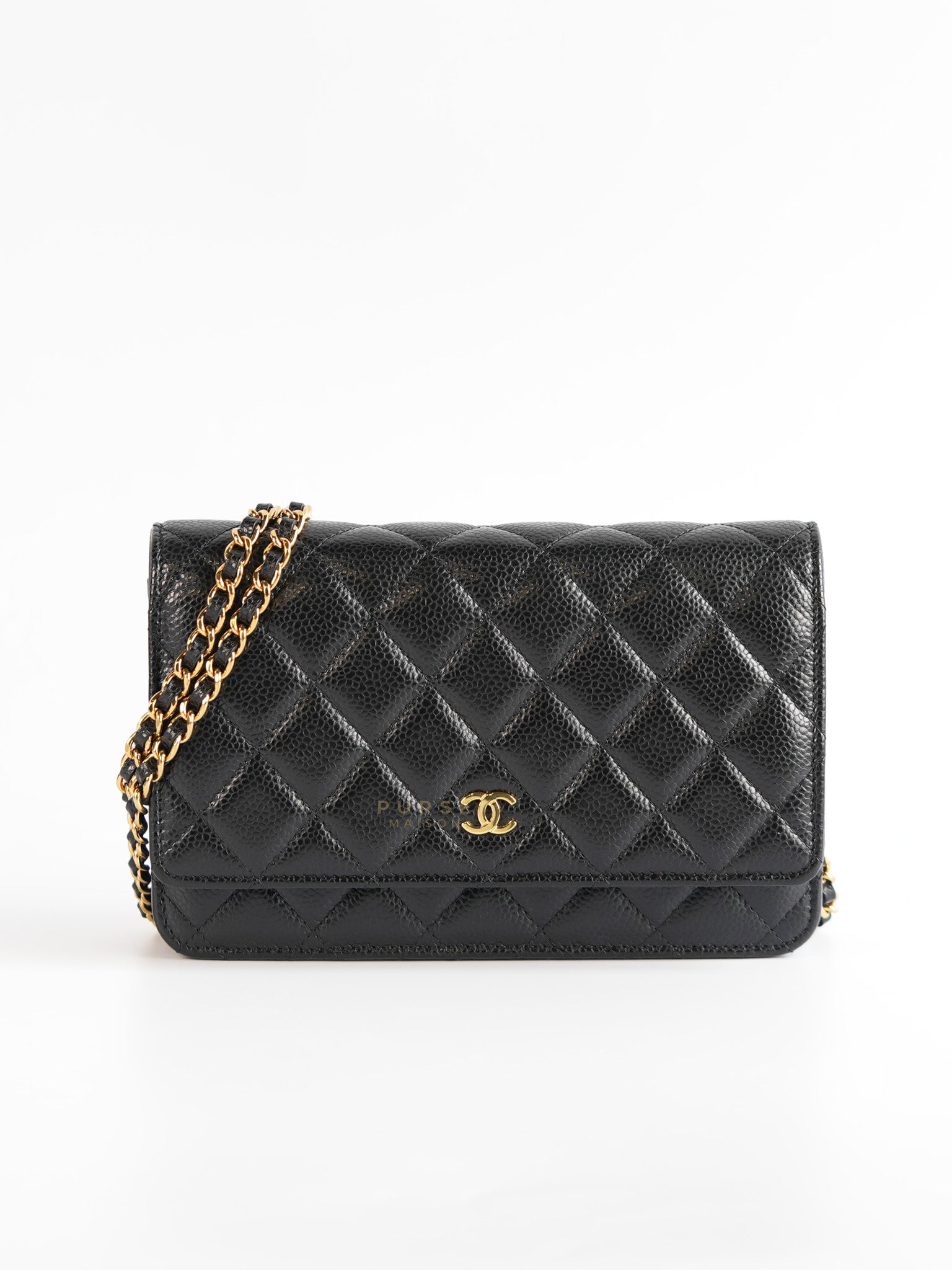 Wallet on Chain WOC in Caviar Leather and Gold Hardware (Microchip)