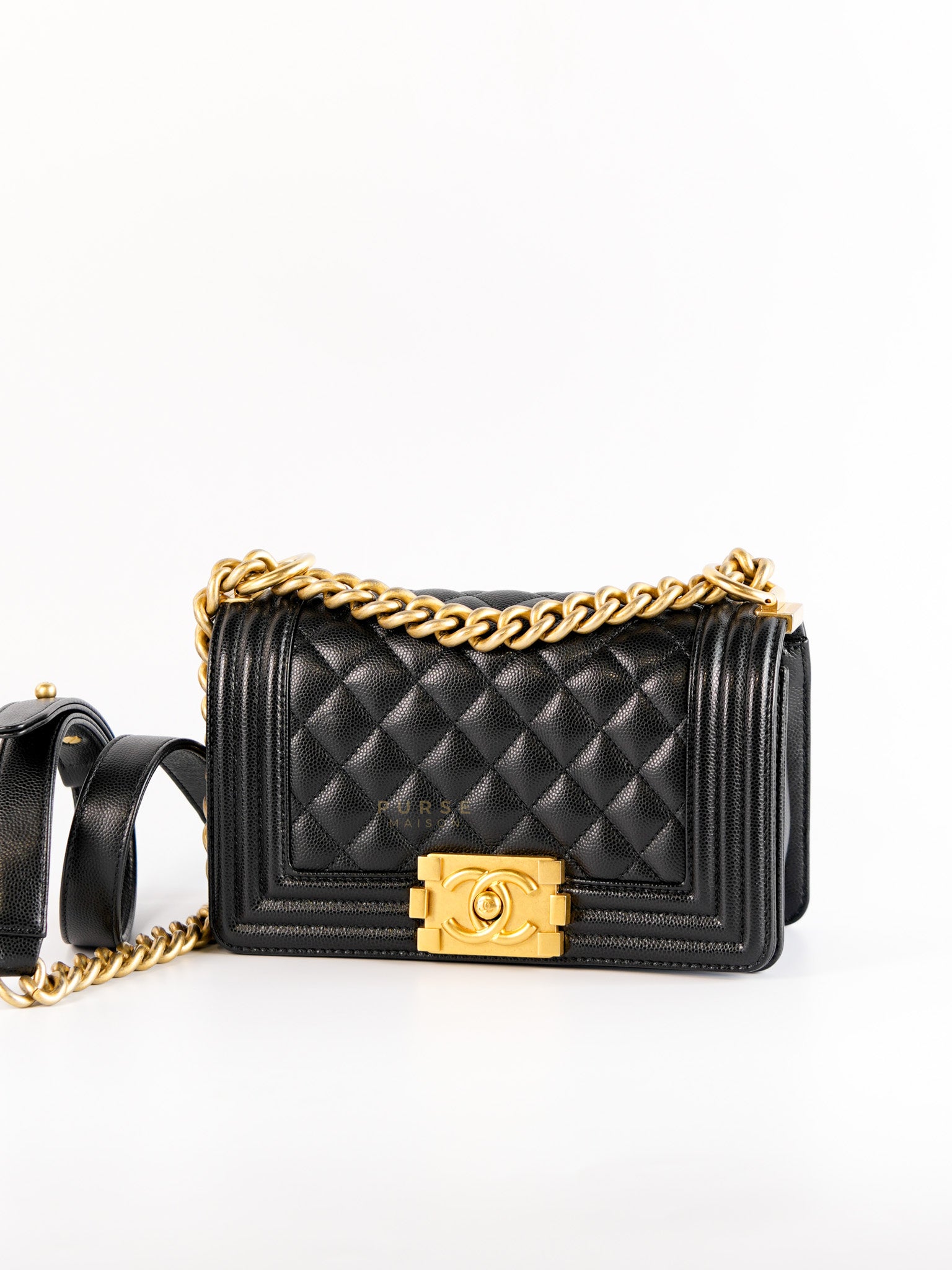 Boy Small Black Caviar Leather and Aged Gold Hardware(Microchip)